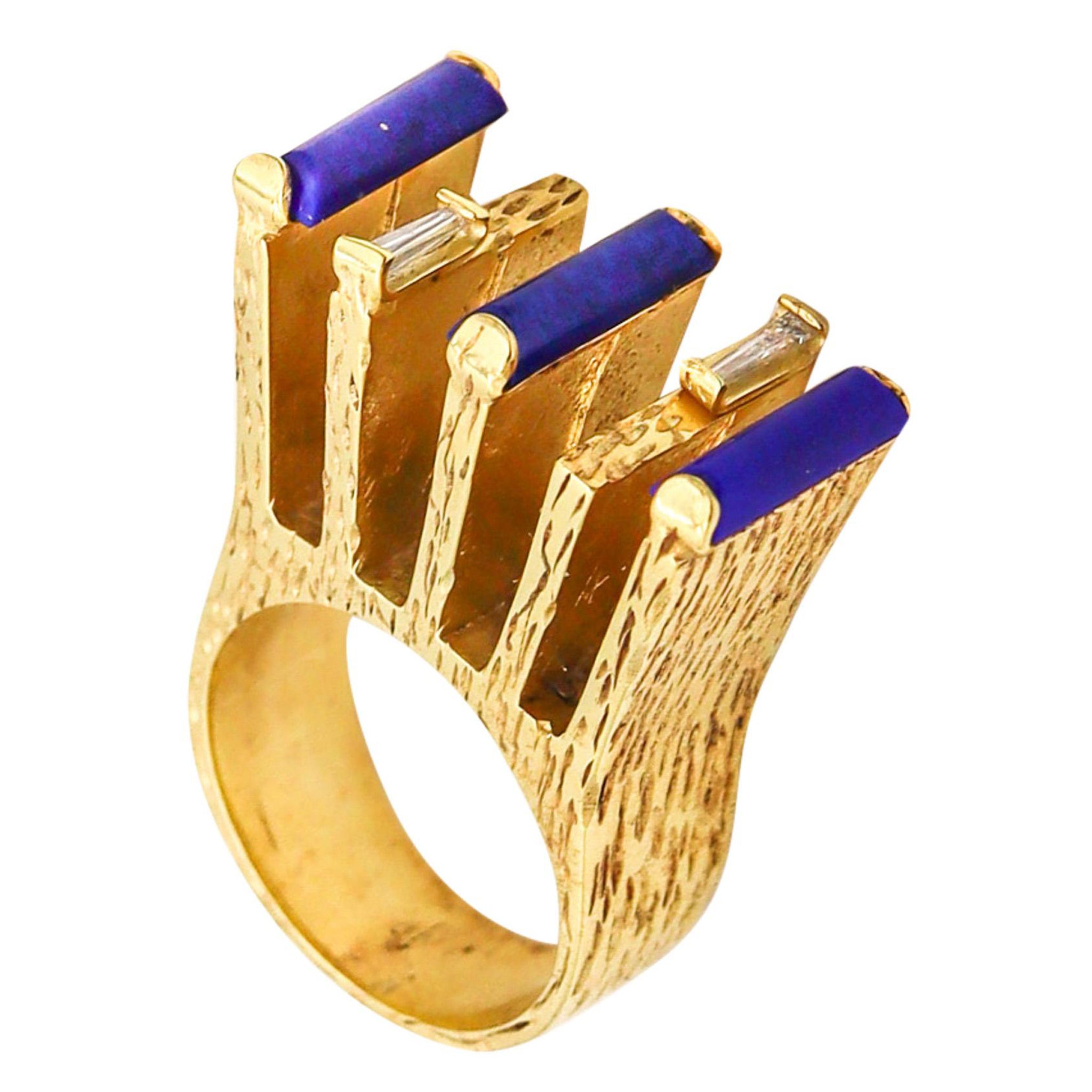 Skandinavischer Brutalismus-Ring aus 14 Karat Gold mit Lapislazuli und Diamanten, 1970