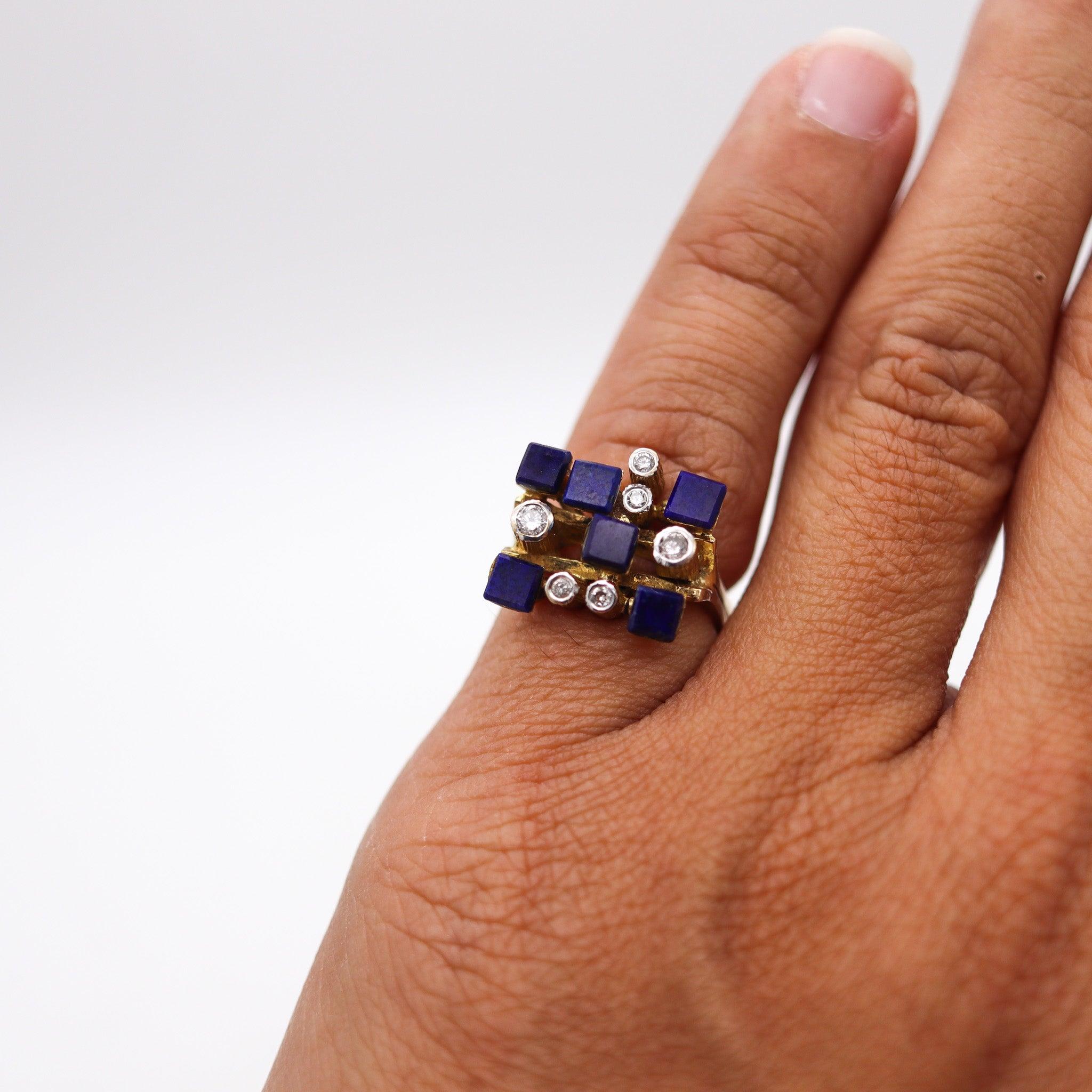 SCANDINAVIAN 1970 Geometric Ring  14Kt Yellow Gold With Diamonds & Lapis Lazuli 4