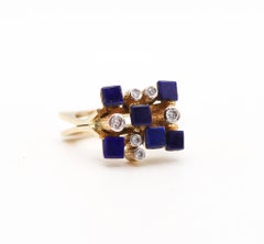 SCANDINAVIAN 1970 Geometric Ring  14Kt Yellow Gold With Diamonds & Lapis Lazuli