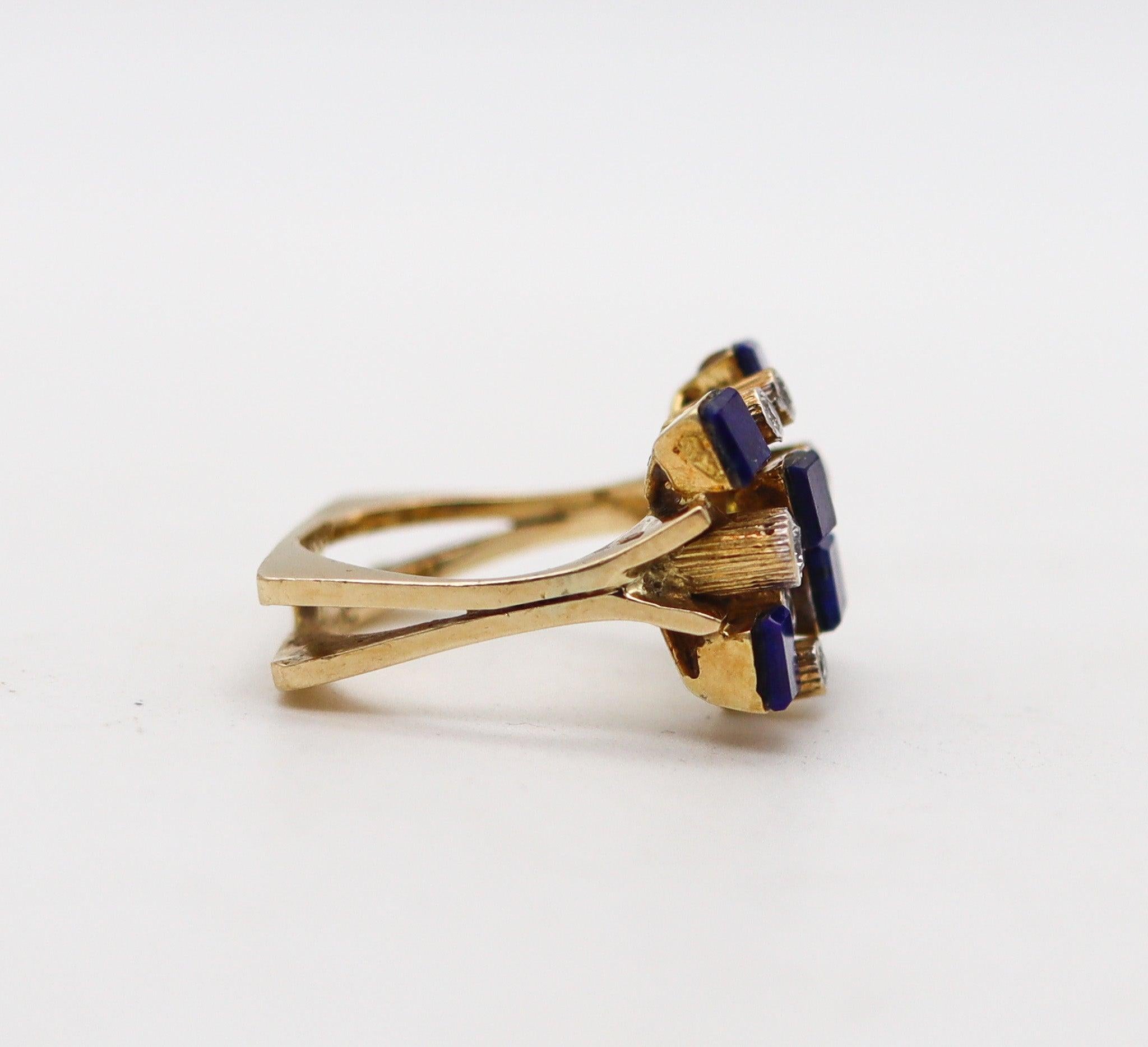 Modernist SCANDINAVIAN 1970 Geometric Ring  14Kt Yellow Gold With Diamonds & Lapis Lazuli