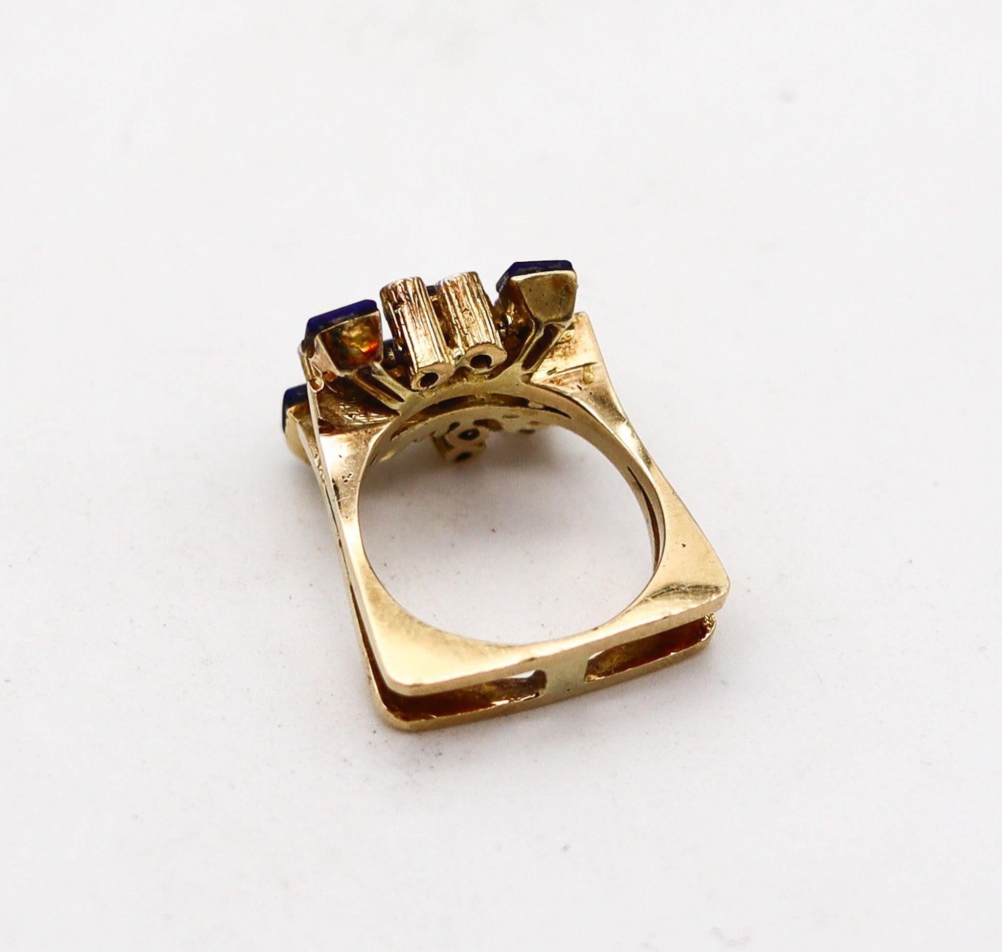 SCANDINAVIAN 1970 Geometric Ring  14Kt Yellow Gold With Diamonds & Lapis Lazuli 1