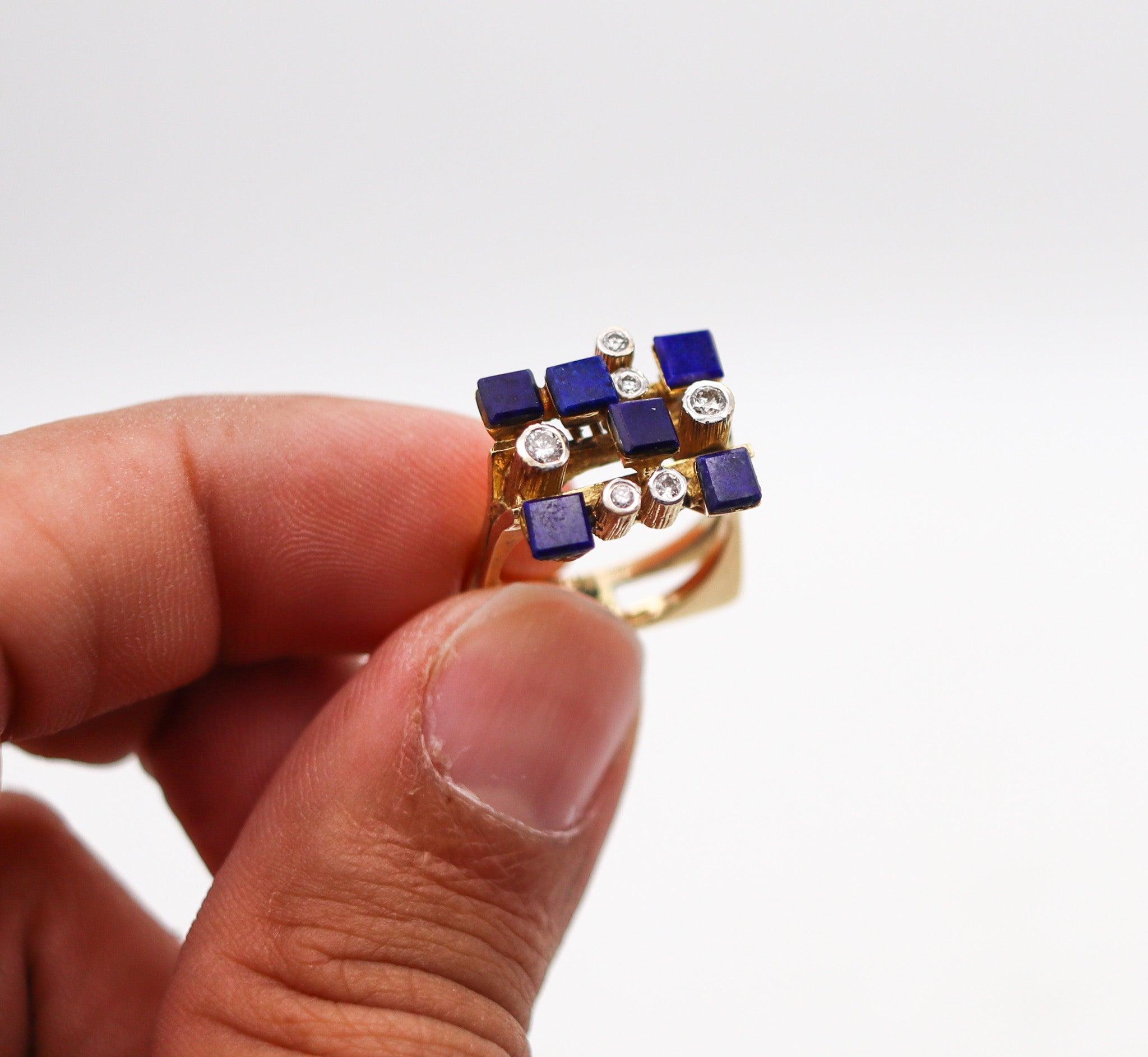 SCANDINAVIAN 1970 Geometric Ring  14Kt Yellow Gold With Diamonds & Lapis Lazuli 2