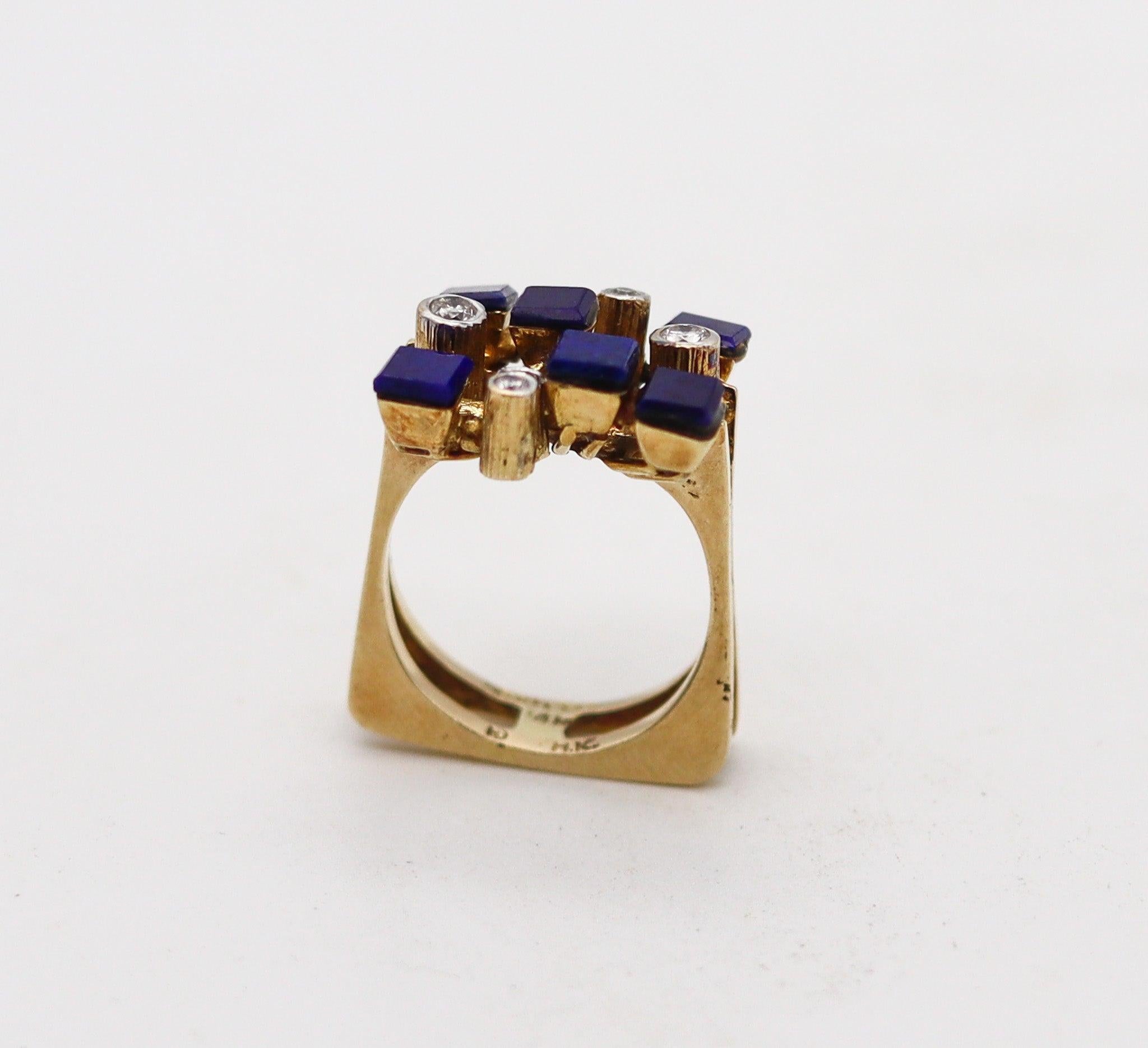 SCANDINAVIAN 1970 Geometric Ring  14Kt Yellow Gold With Diamonds & Lapis Lazuli 3
