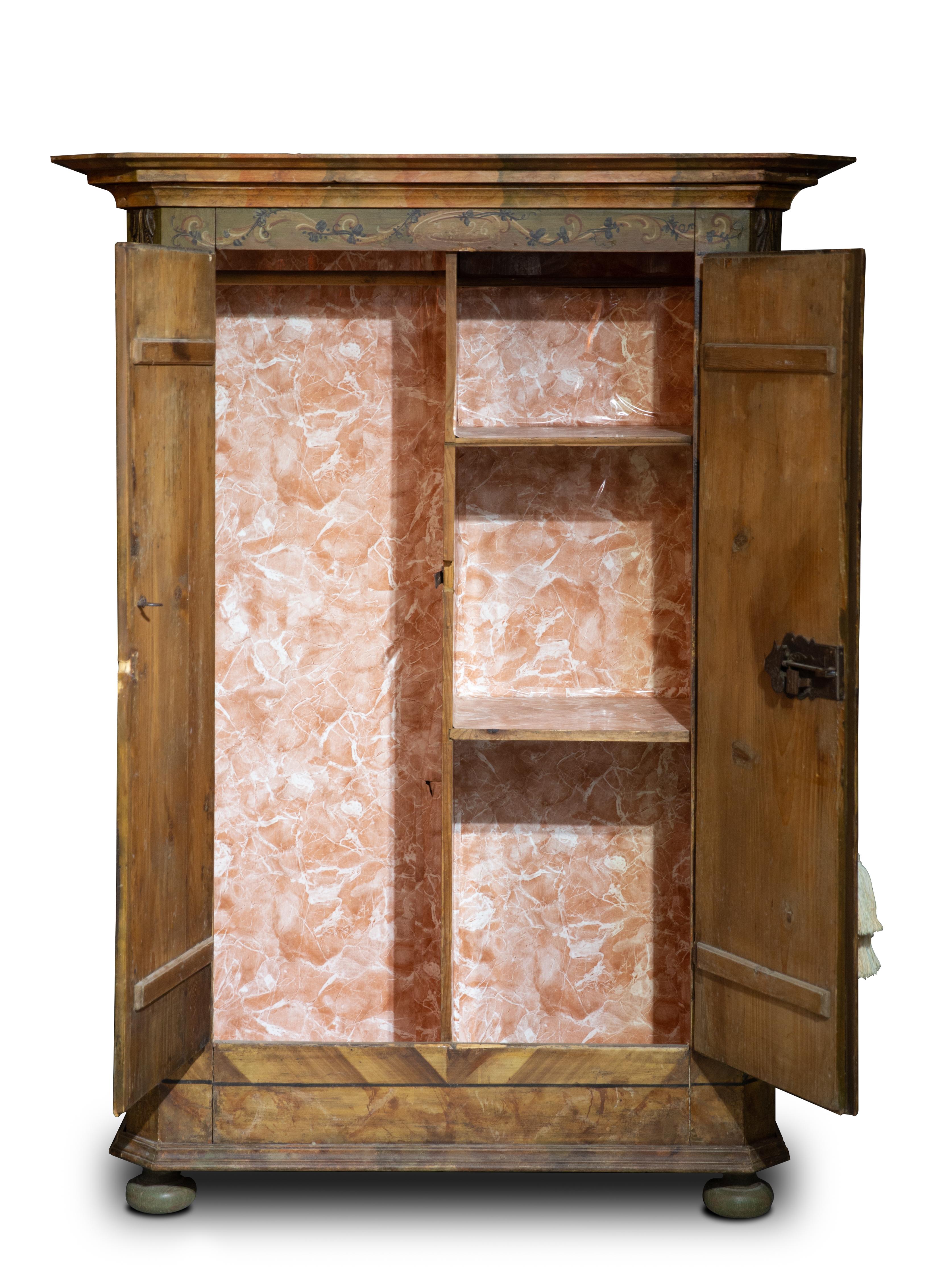 Offered is a hand painted Kas/Wardrobe/armoir/cupboard dated 1826. The piece is decorated with cartouches of historic churches and other significant buildings surrounded by foliate designs. The piece comes from the apartment of a well-known actress.
