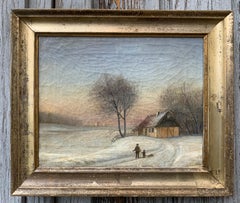 19th Century Oil Painting Of Farm House In Original Silver Frame, Scandinavia