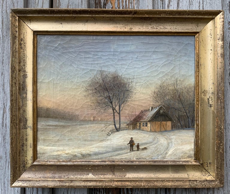 A 19th century Scandinavian oil painting with its original silver frame. Representing a winter landscape with a farmer house, a man and a kid in typical fol art manners.

 