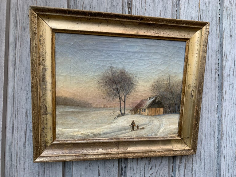 Hand-Painted 19th Century Oil Painting Of Farm House In Original Silver Frame, Scandinavia For Sale