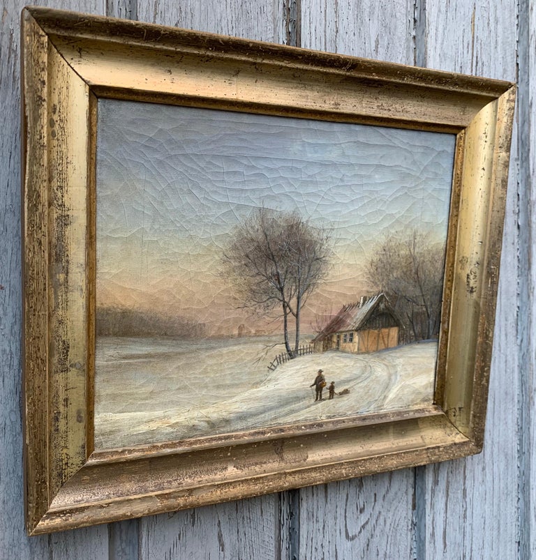 Canvas 19th Century Oil Painting Of Farm House In Original Silver Frame, Scandinavia For Sale
