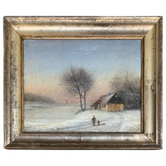 19th Century Oil Painting Of Farm House In Original Silver Frame, Scandinavia