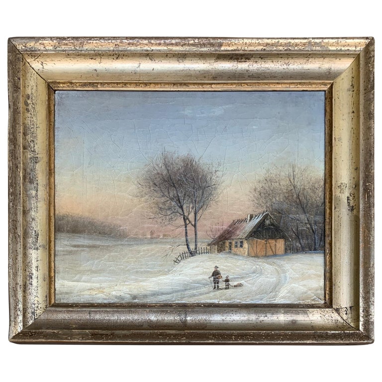 19th Century Oil Painting Of Farm House In Original Silver Frame, Scandinavia For Sale