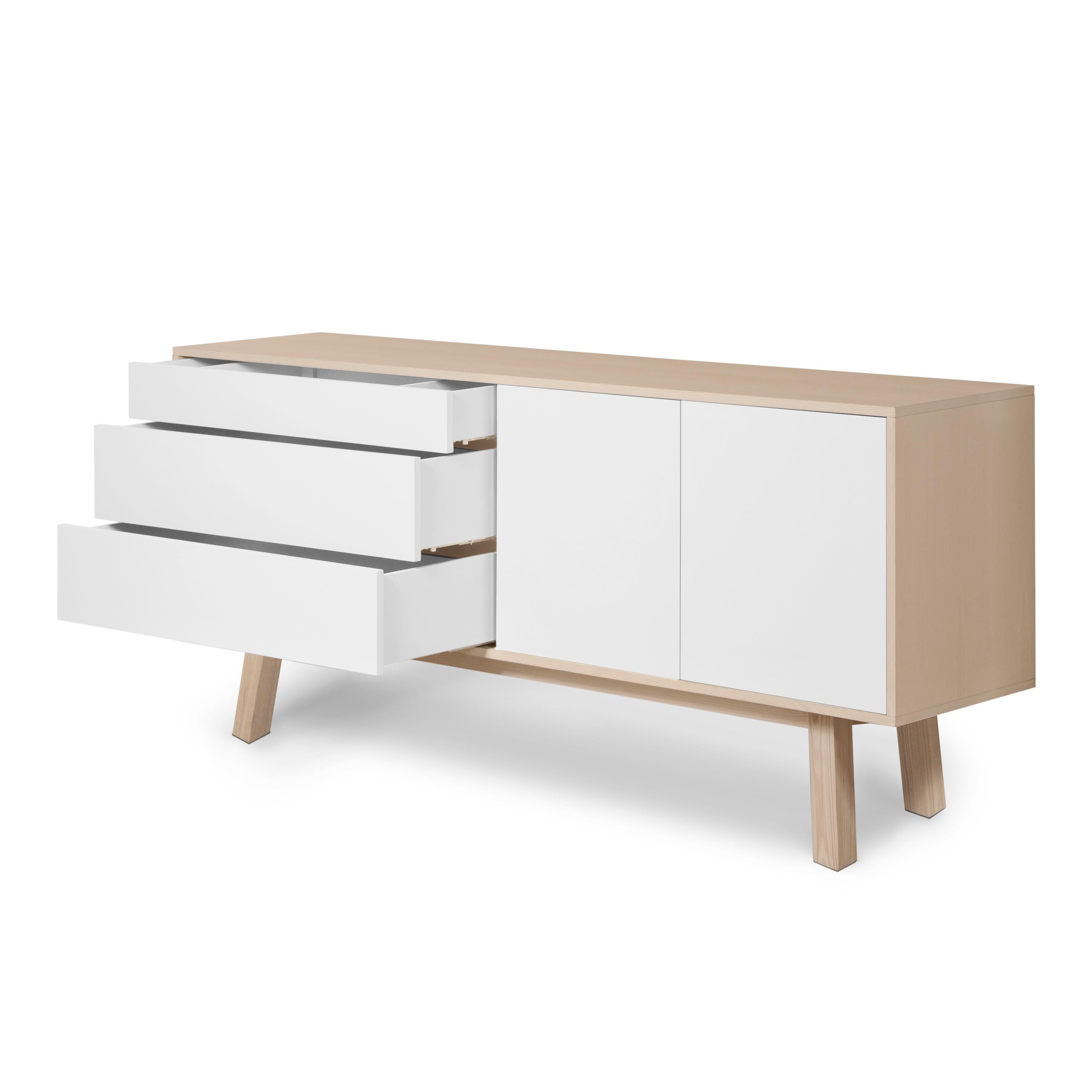 Ash French 2-Door 3-Drawer White Hand-Crafted Sideboard Cabinet Design Eric Gizard For Sale