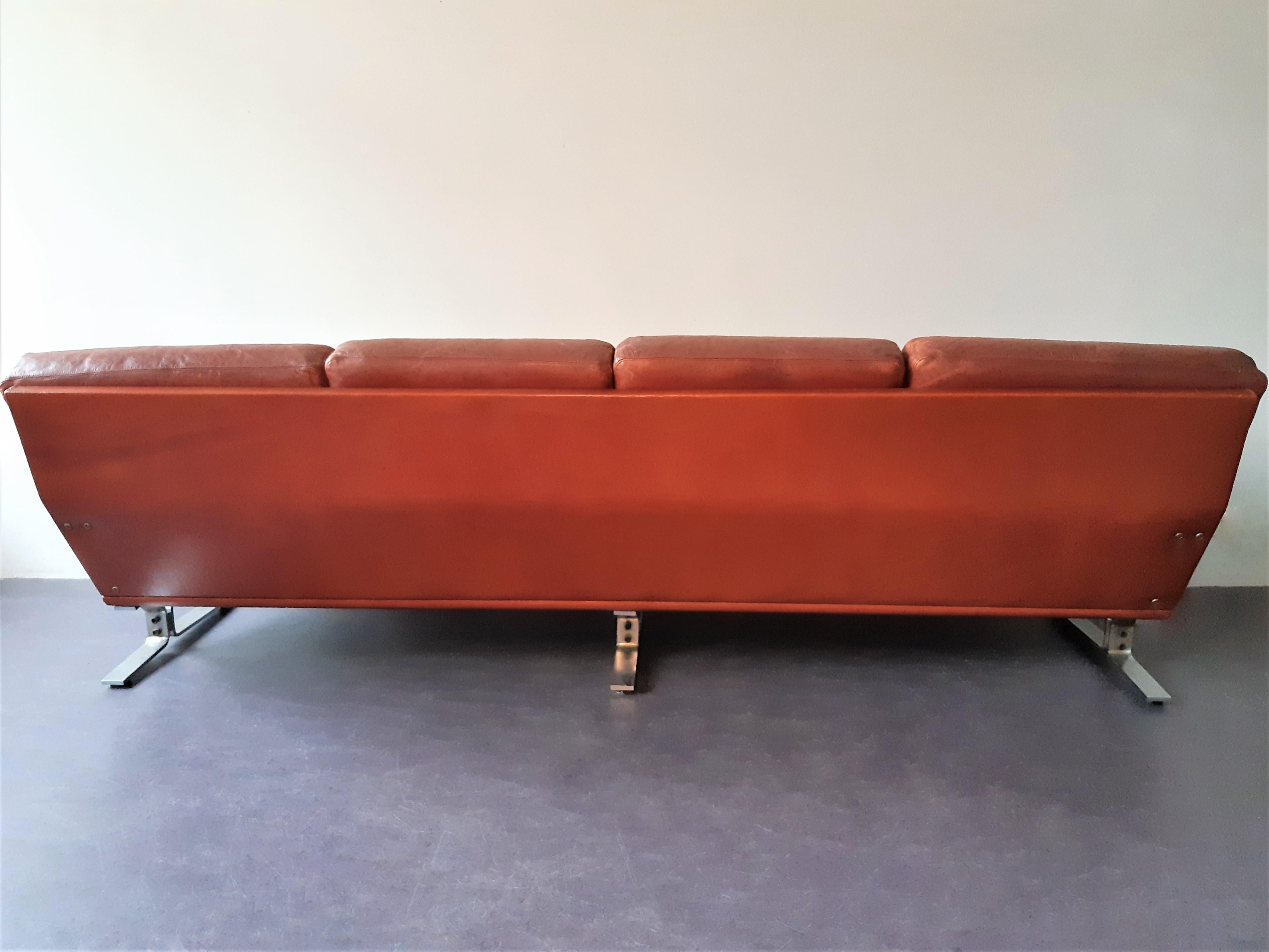 Mid-Century Modern Scandinavian 4-Seater Sofa in Red-Brown Leather, 1960's For Sale