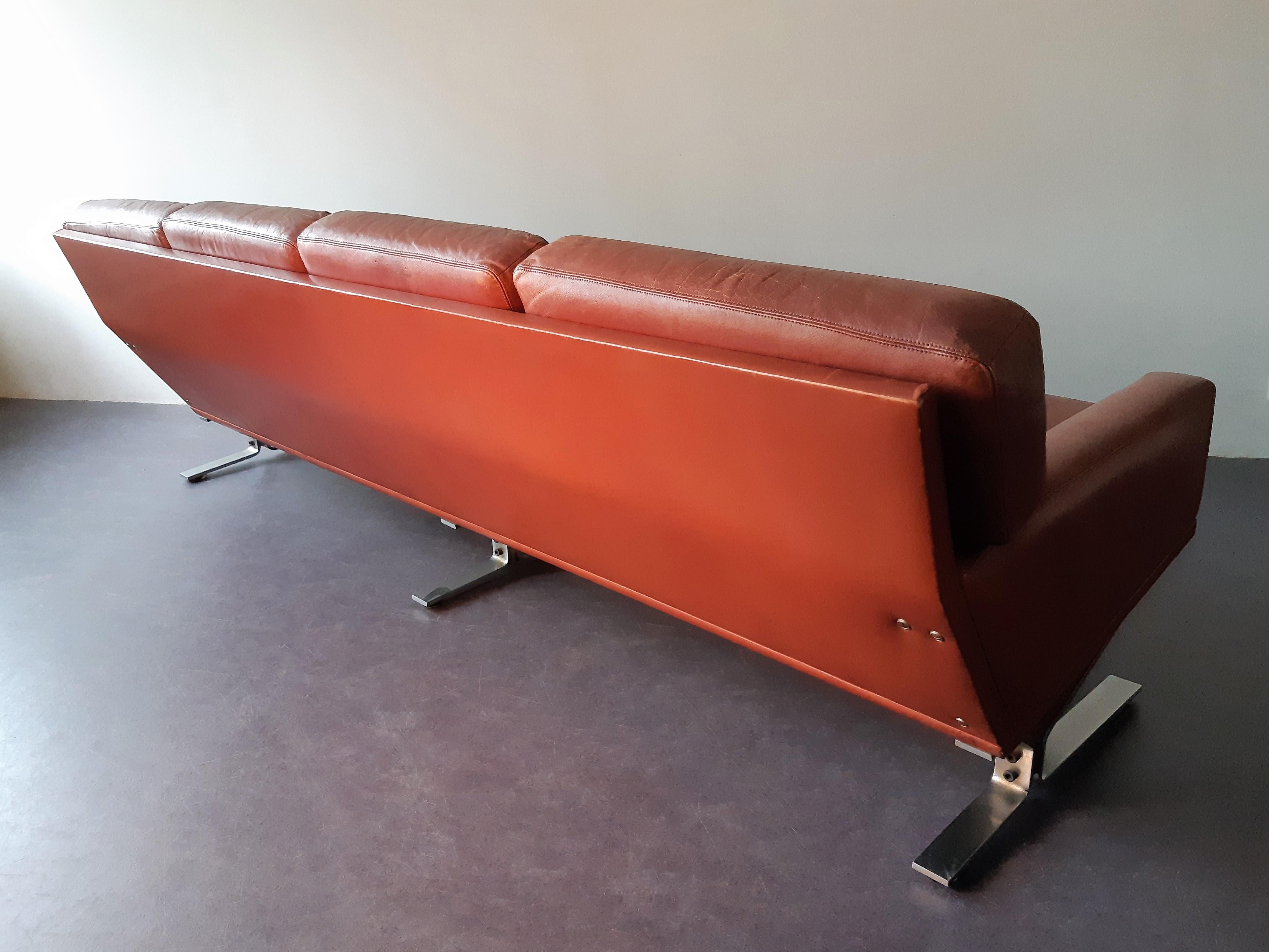 Danish Scandinavian 4-Seater Sofa in Red-Brown Leather, 1960's For Sale