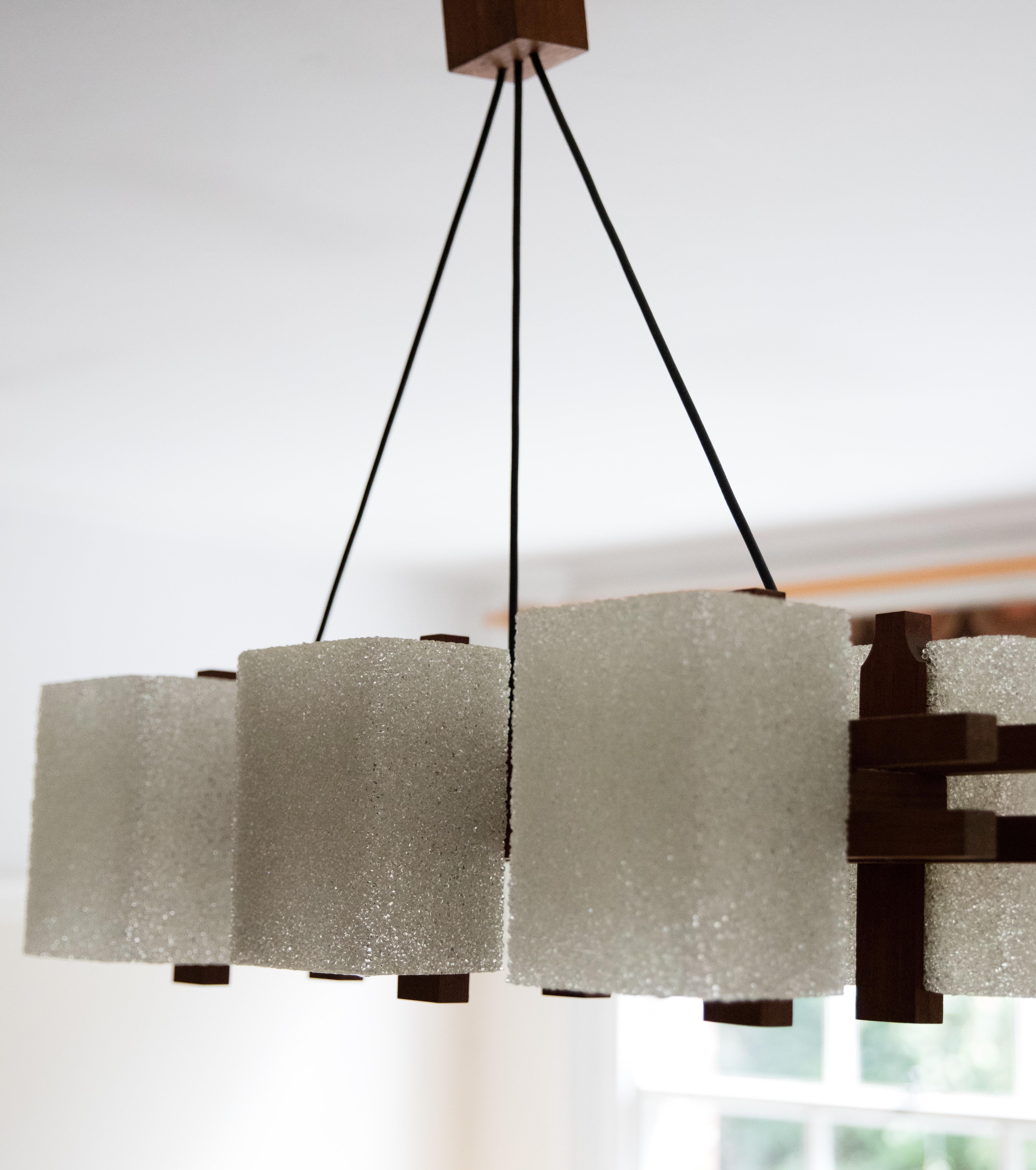Acrylic Scandinavian 6 Light Chandelier in Teak Wood with Granulated Perspex shades For Sale