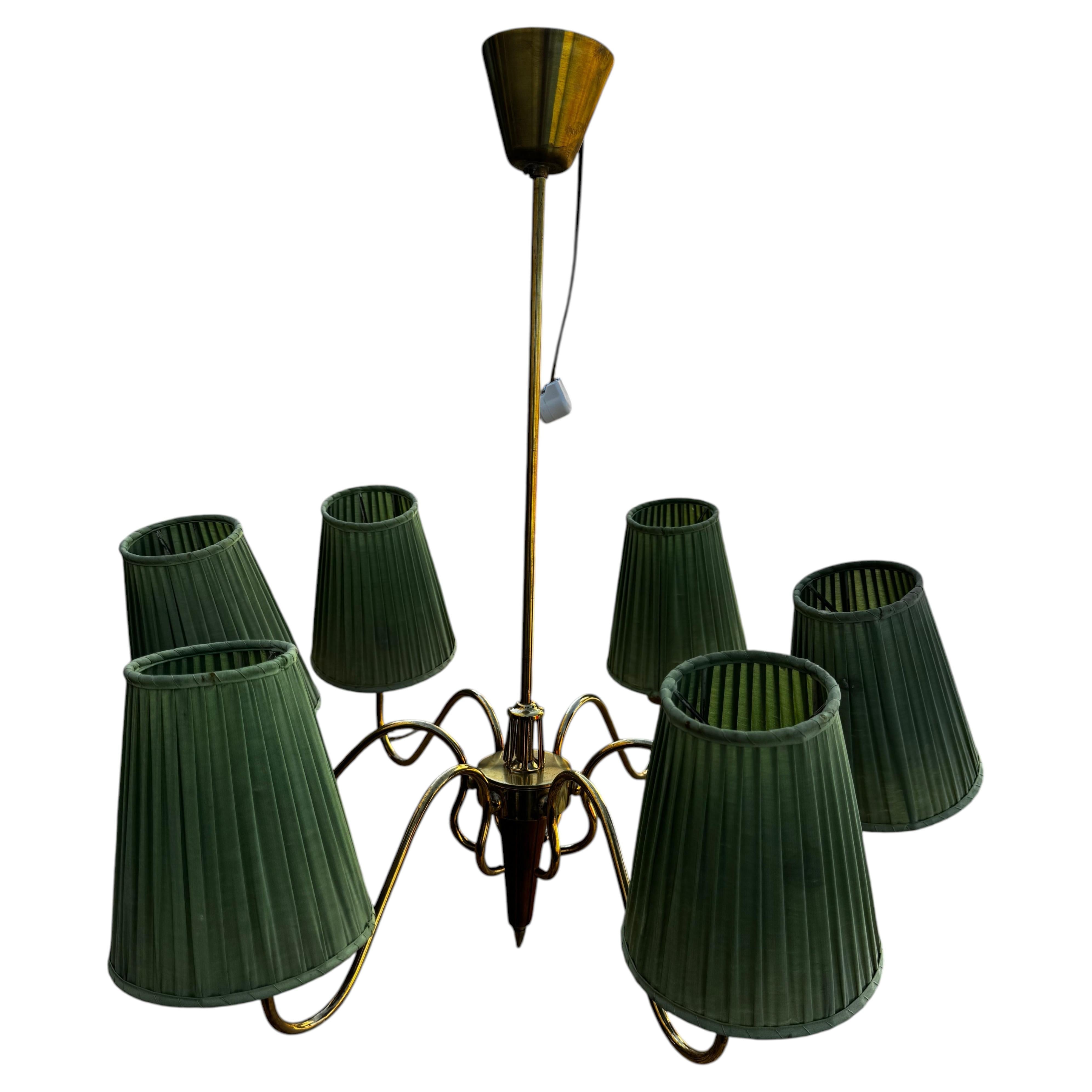 Scandinavian 6 Light Walnut and Brass Pendant/Chandelier For Sale
