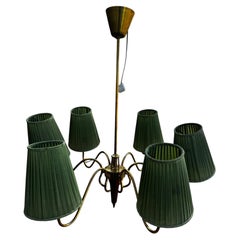 Scandinavian 6 Light Walnut and Brass Pendant/Chandelier