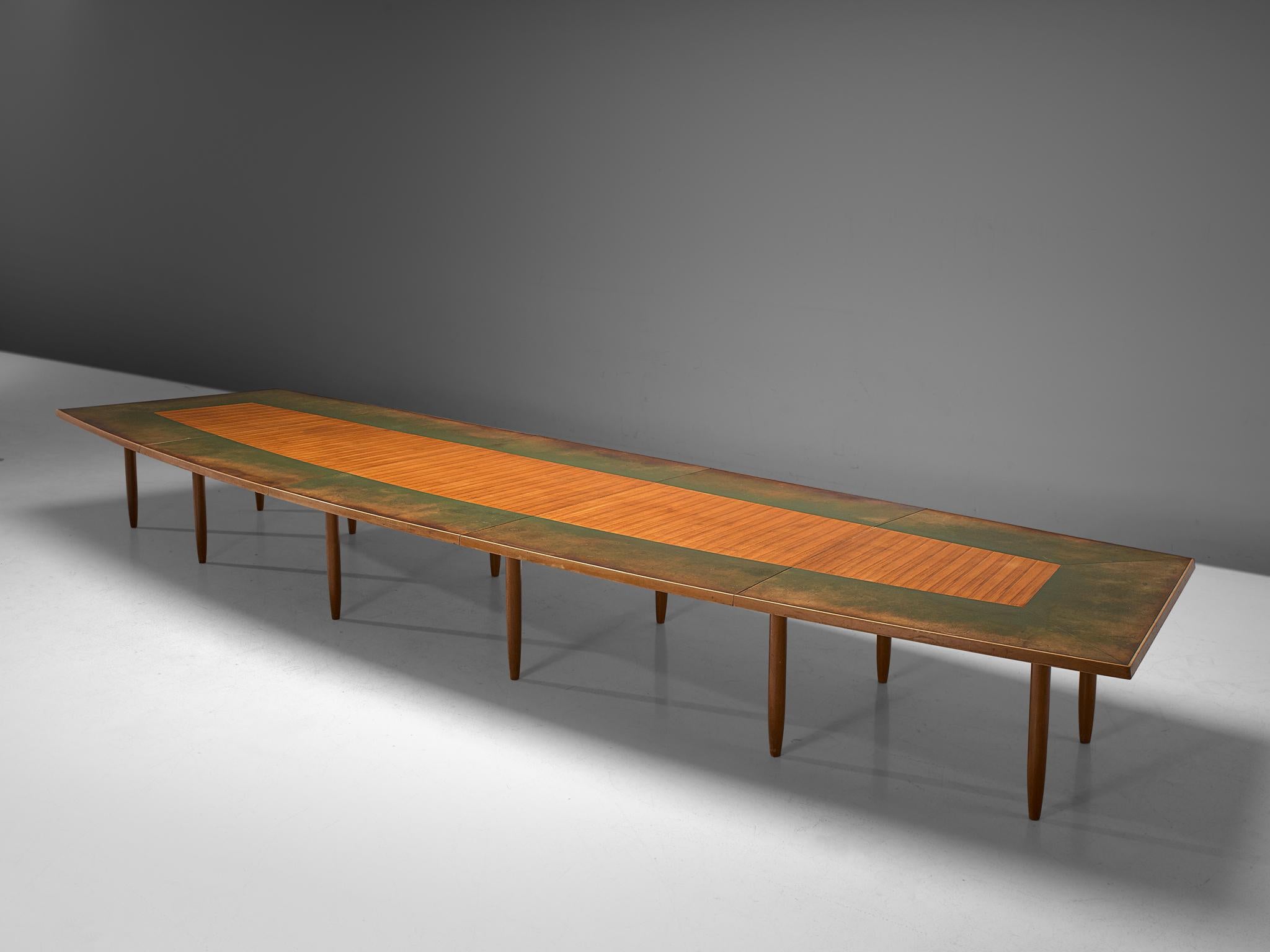 Mid-Century Modern Scandinavian Long Freeform Table with Leather Inlay