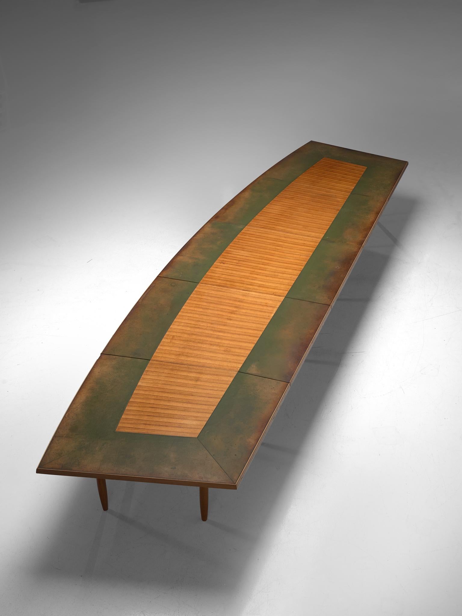Scandinavian Long Freeform Table with Leather Inlay In Good Condition In Waalwijk, NL