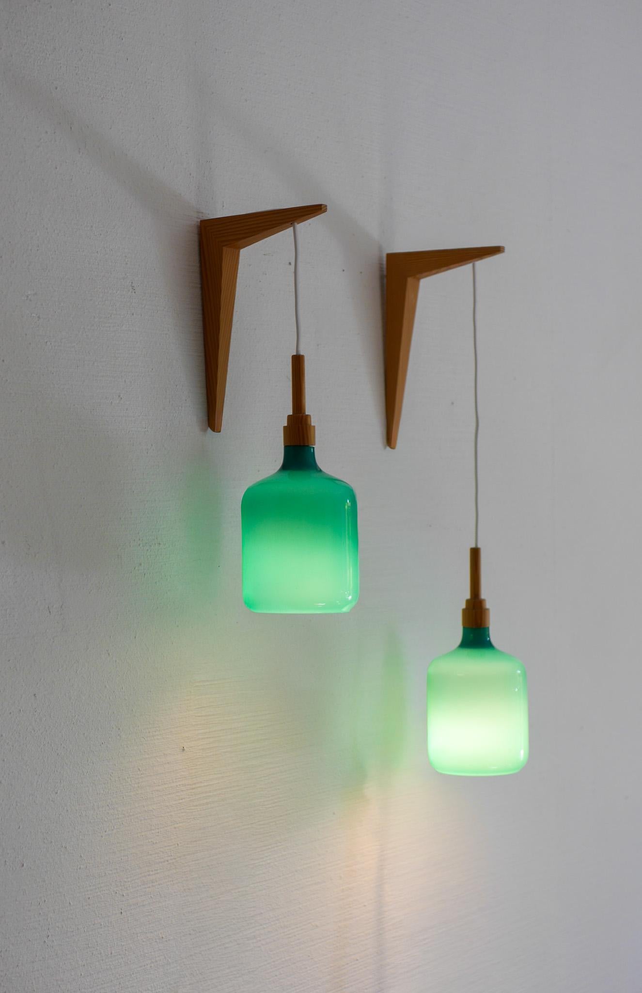 The Scandinavian 70s sconces Mid-century modern opaline glass and pine wall lights en vente 3