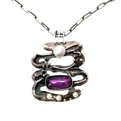 Scandinavian 835 Silver Pearl and Amethyst Modernist Pendant Necklace