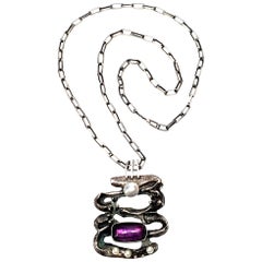 Used Scandinavian 835 Silver Pearl and Amethyst Modernist Pendant Necklace