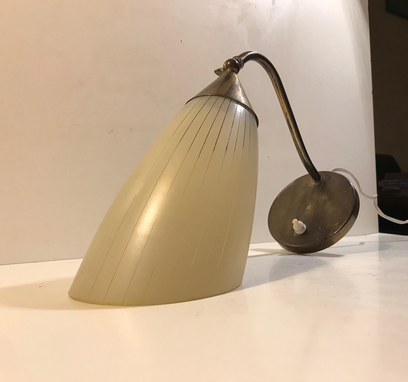 Scandinavian Modern Scandinavian Adjustable Wall Sconce in Brass and Pinstripe Glass, 1950s For Sale