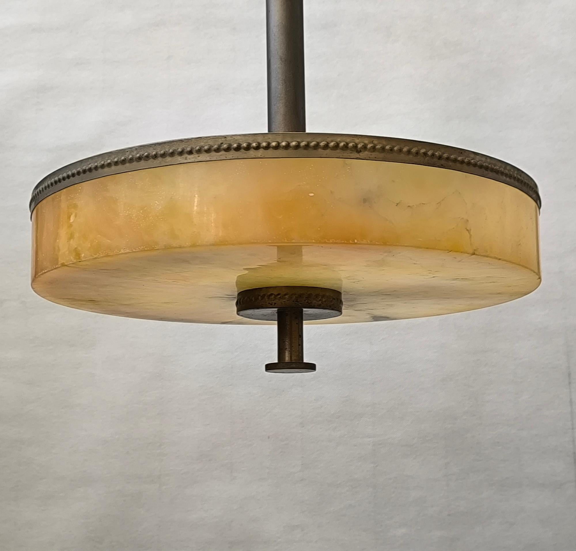Brass Scandinavian Alabaster Ceiling Lamp Attr. to Harald Notini for Böhlmarks, 1930s For Sale