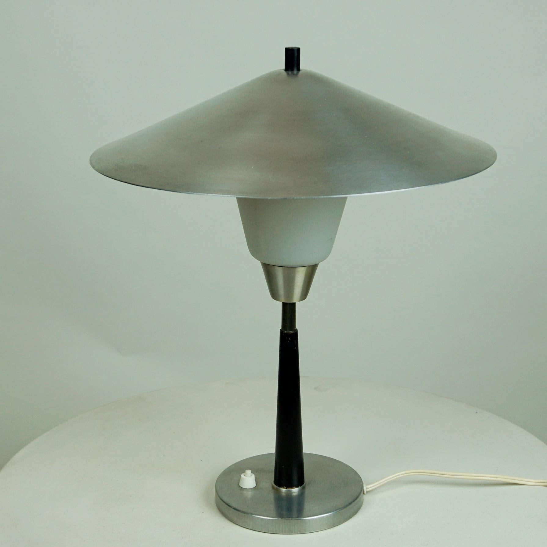 Mid-Century Modern Scandinavian Aluminum and Opaline Glass Table Lamp by Fog & Mørup, Denmark For Sale
