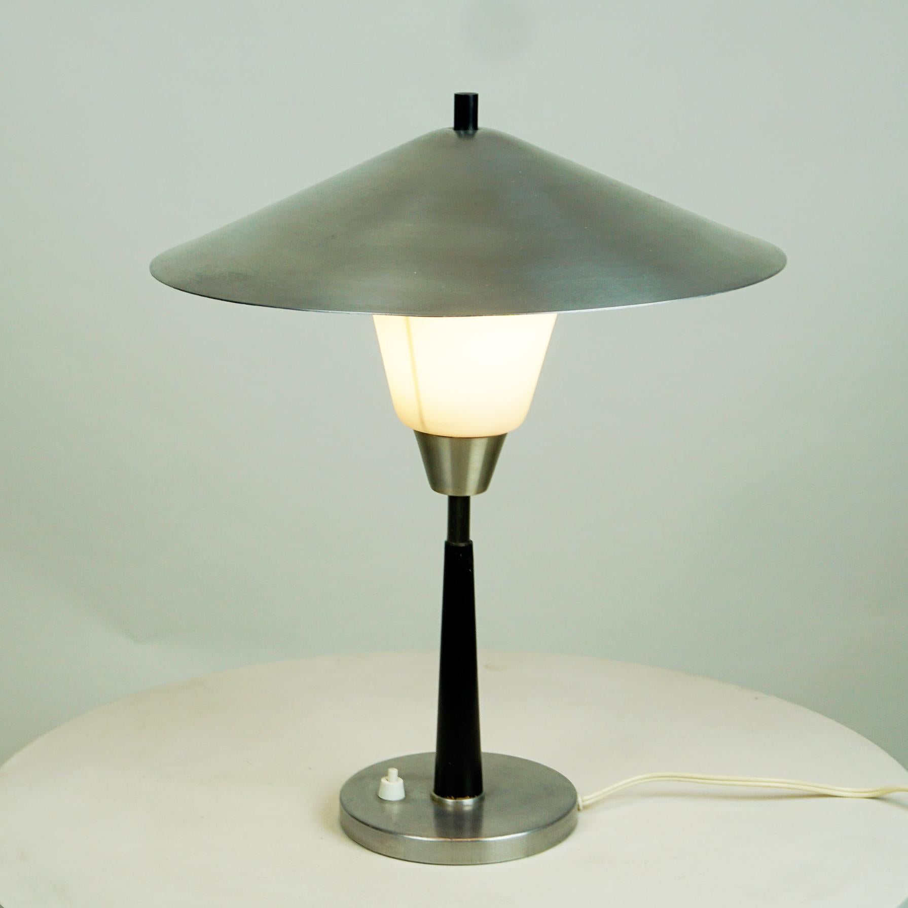 Danish Scandinavian Aluminum and Opaline Glass Table Lamp by Fog & Mørup, Denmark