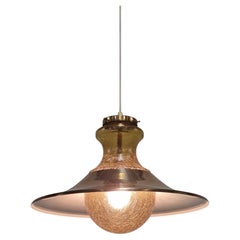 Vintage Scandinavian Amber Coloured Crackled Glass Bubble Pendant with Brass Shade 1970s