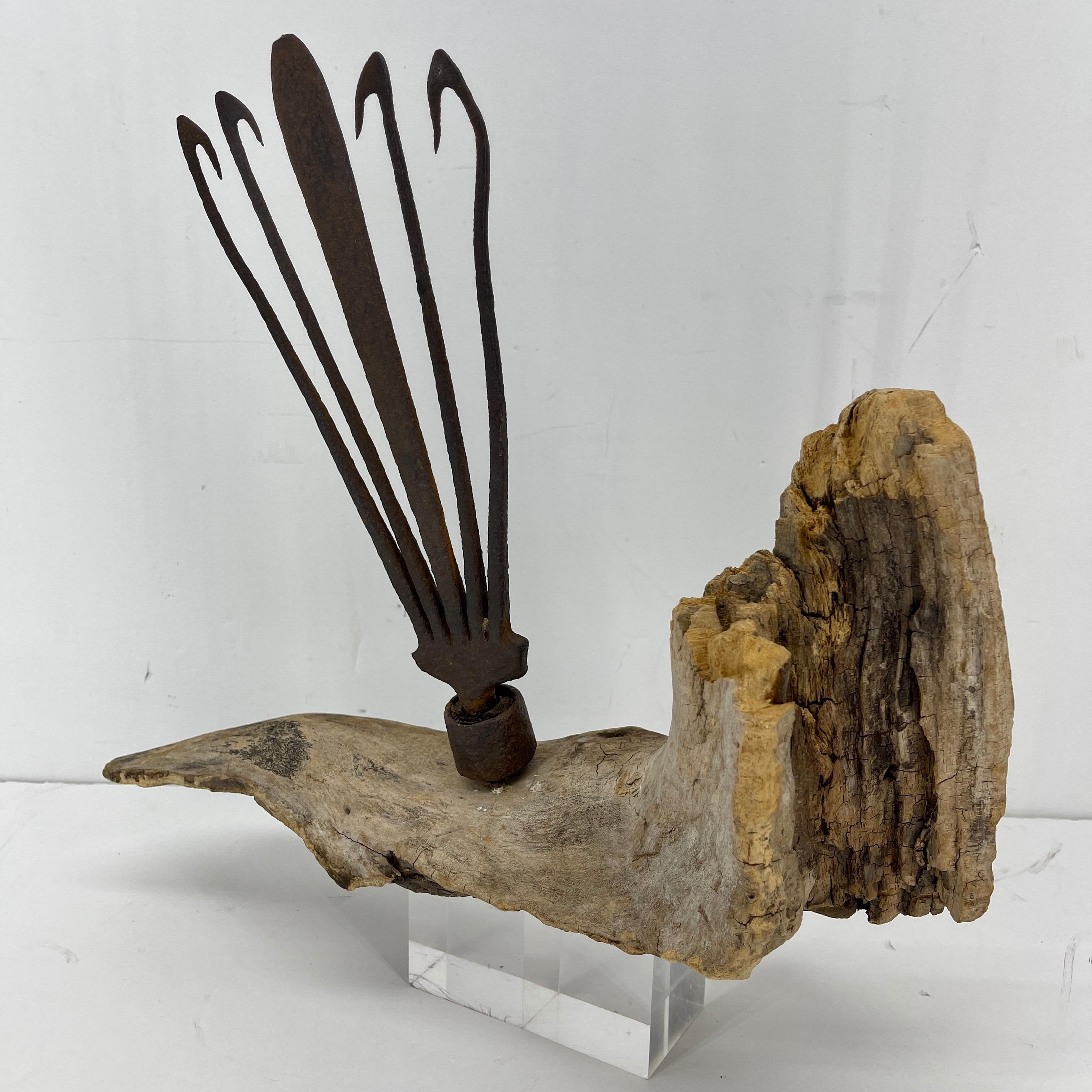 Iron Scandinavian Antique Eel Fork Sculpture Driftwood Mounted Base, 18th Century