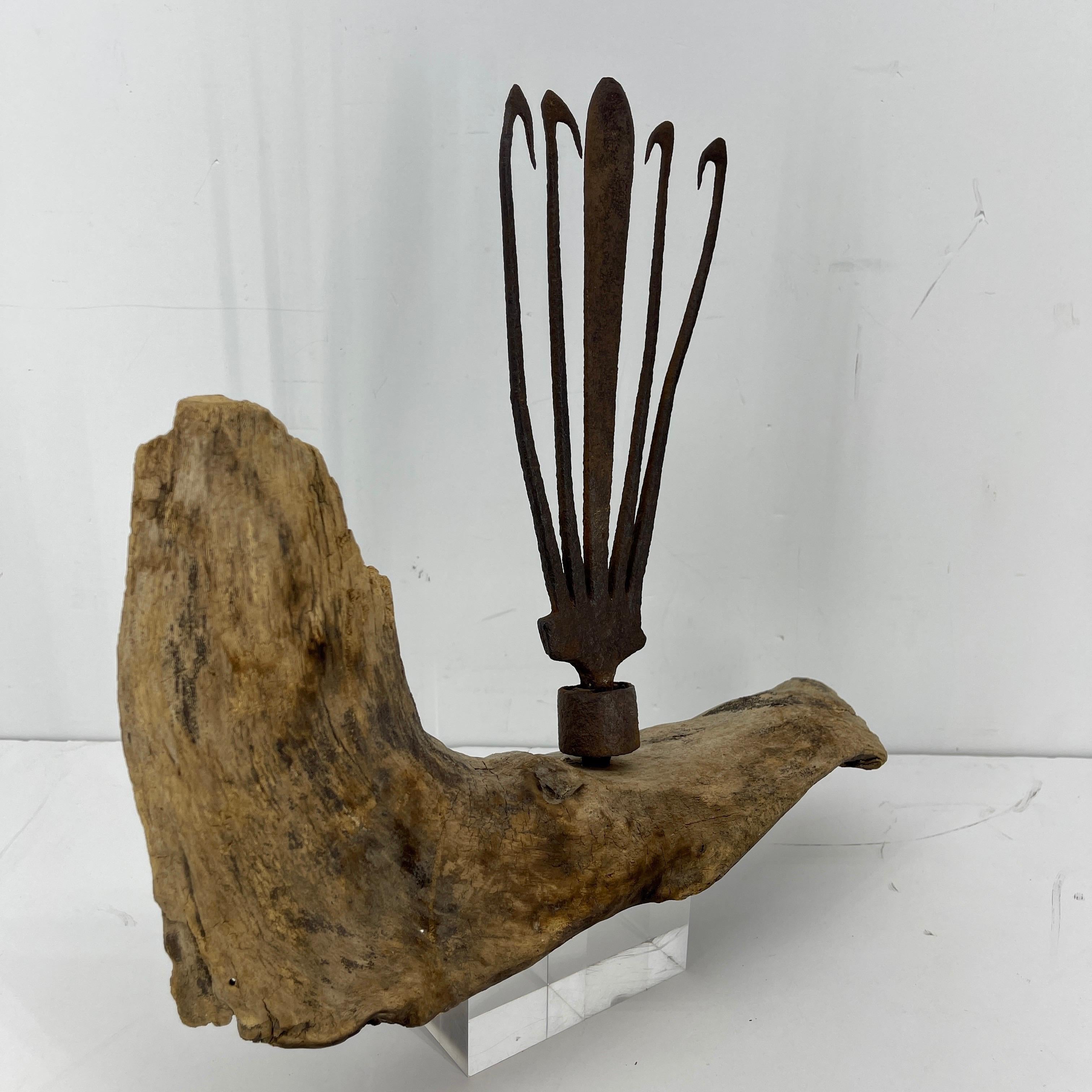 Danish Scandinavian Antique Eel Fork Sculpture Driftwood Mounted Base, 18th Century