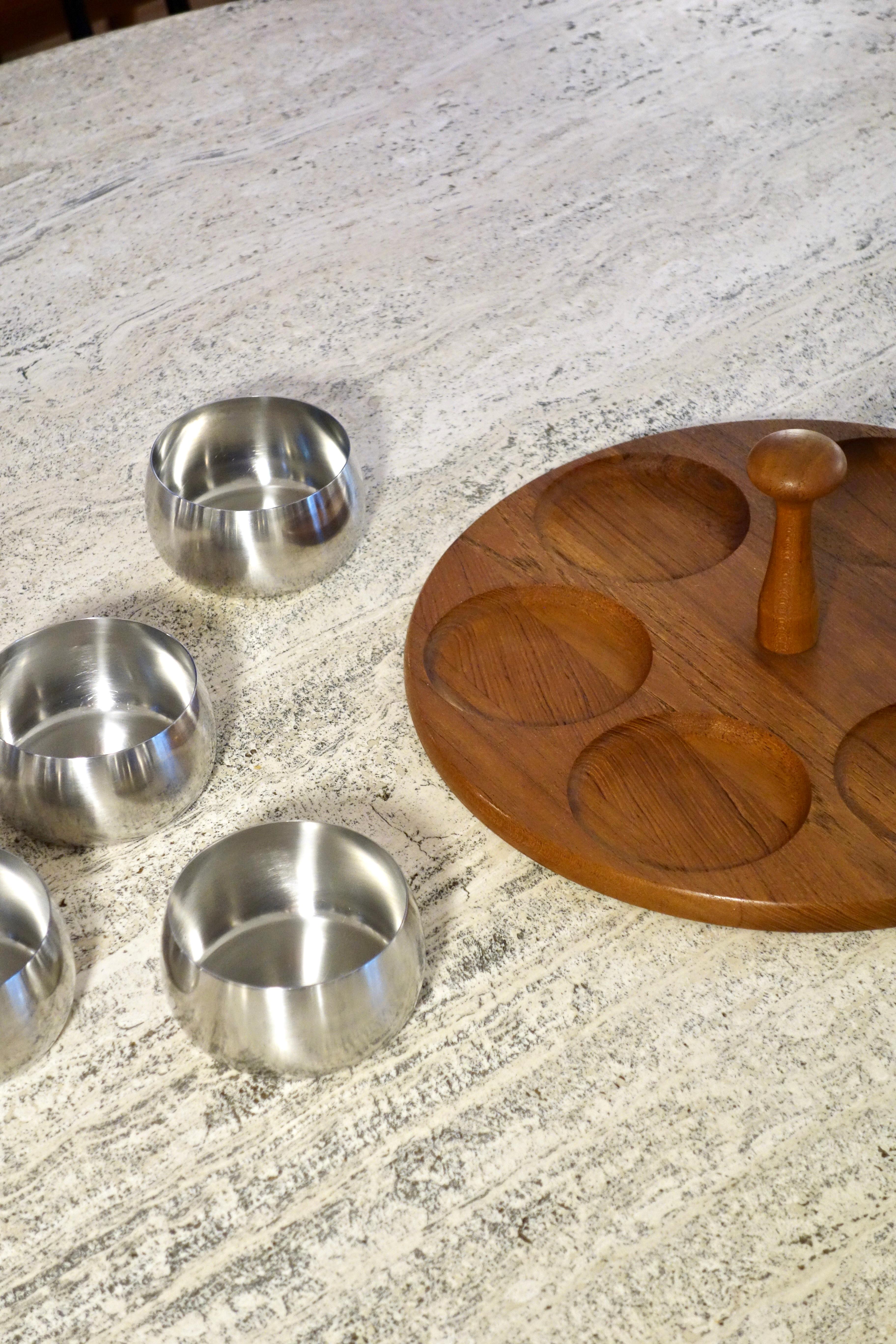 Stainless Steel Scandinavian Appetizer Teak Tray by Lundtofte, Denmark 1960's