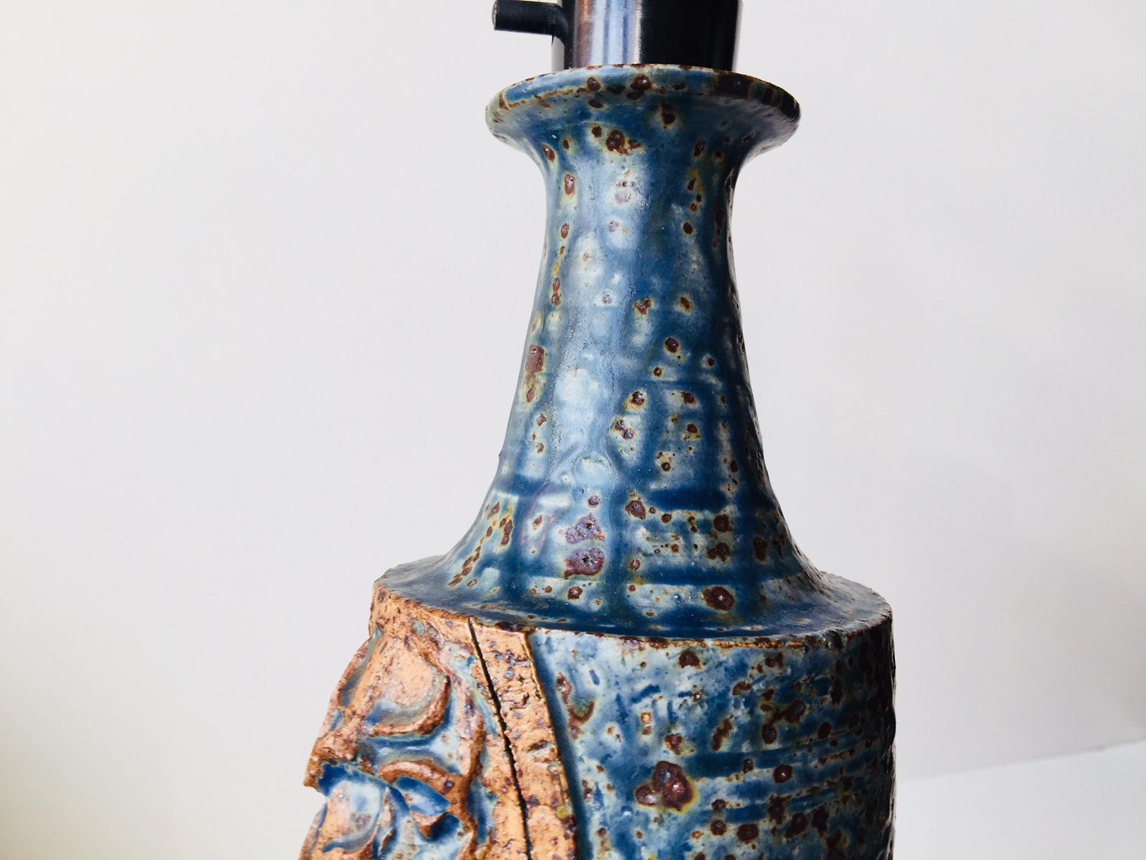 Late 20th Century Scandinavian Architectural Pottery Table Lamp with Blue Glaze, 1970s For Sale