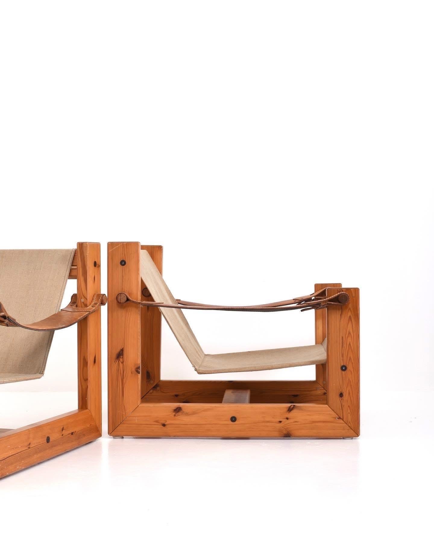 Skandinavische Sessel von Hans Ehrlin & Christian Häggstam Kiefer, Segeltuch und Leder (Mitte des 20. Jahrhunderts) im Angebot