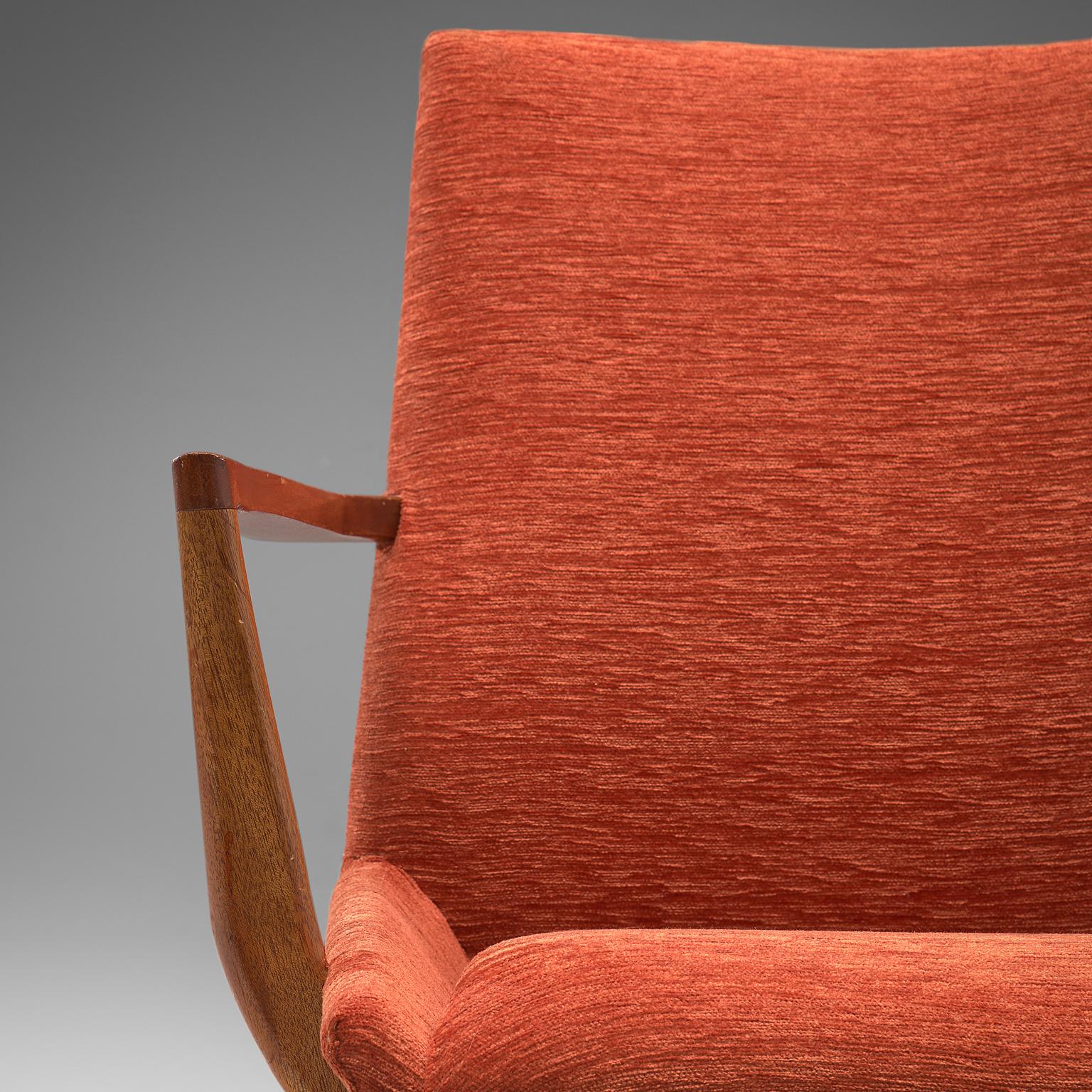 Velvet Scandinavian Armchairs in Teak and Red/Orange Cord Upholstery