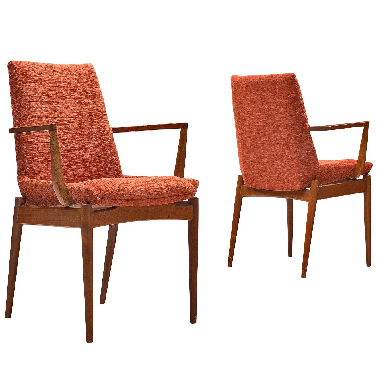 Scandinavian Armchairs in Teak and Red/Orange Cord Upholstery