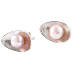 Scandinavian Aron Irving Li 2012 Norway Modernist Pearl Stud Earrings