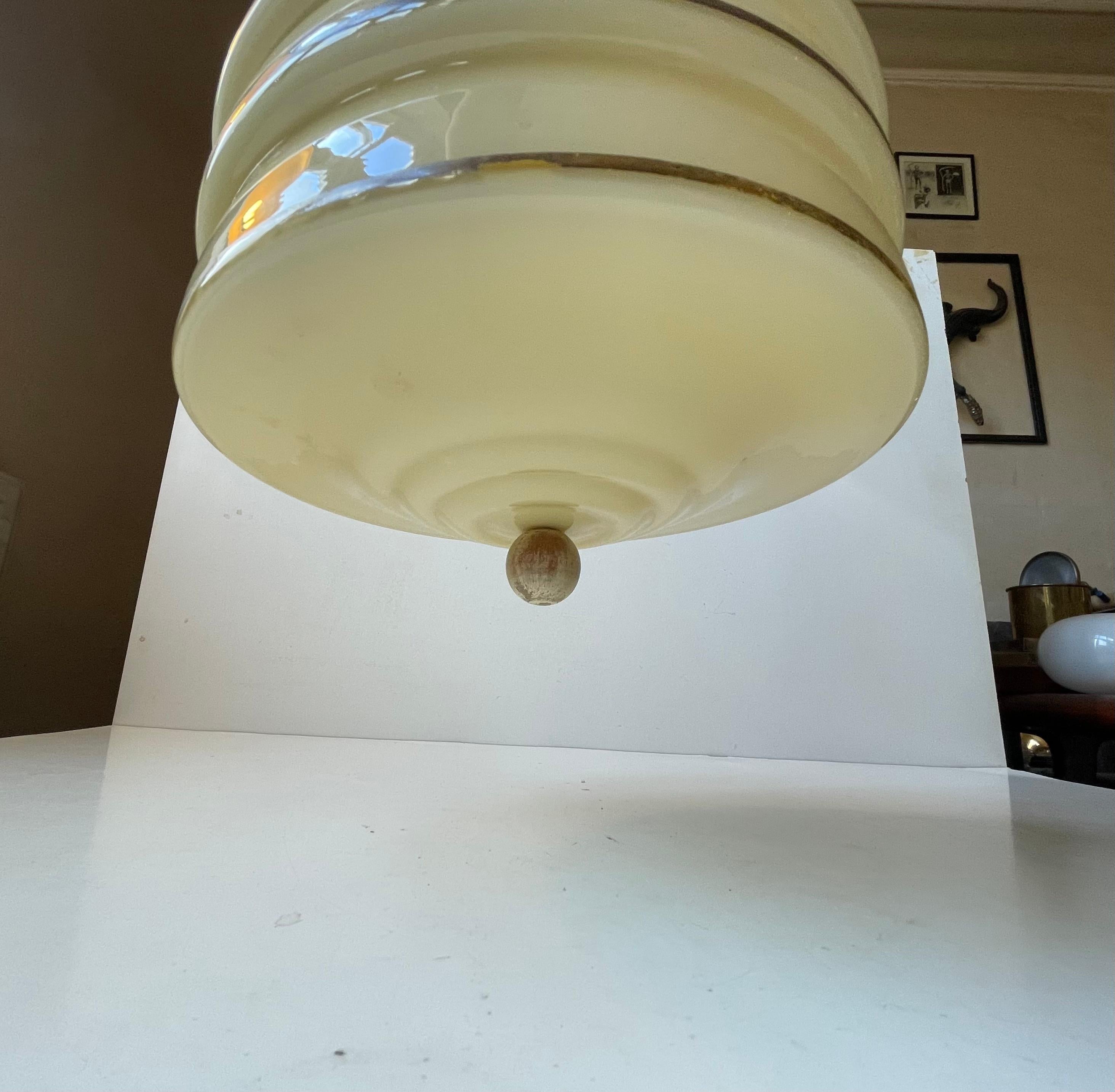 Mid-20th Century Scandinavian Art Deco 'Beehive' Pendant Lamp in Beige Opaline Glass & Brass For Sale