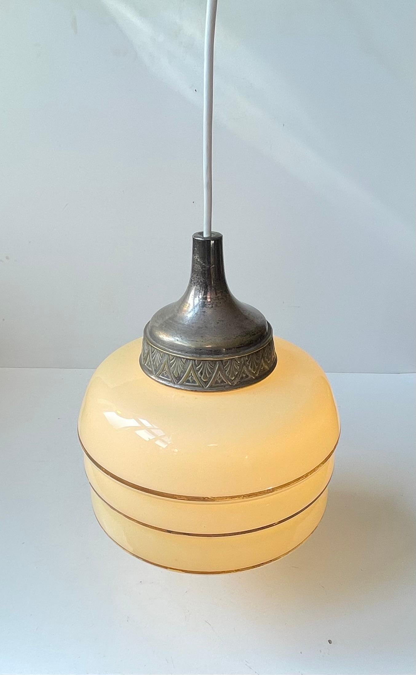 Silver Plate Scandinavian Art Deco 'Beehive' Pendant Lamp in Beige Opaline Glass & Brass For Sale