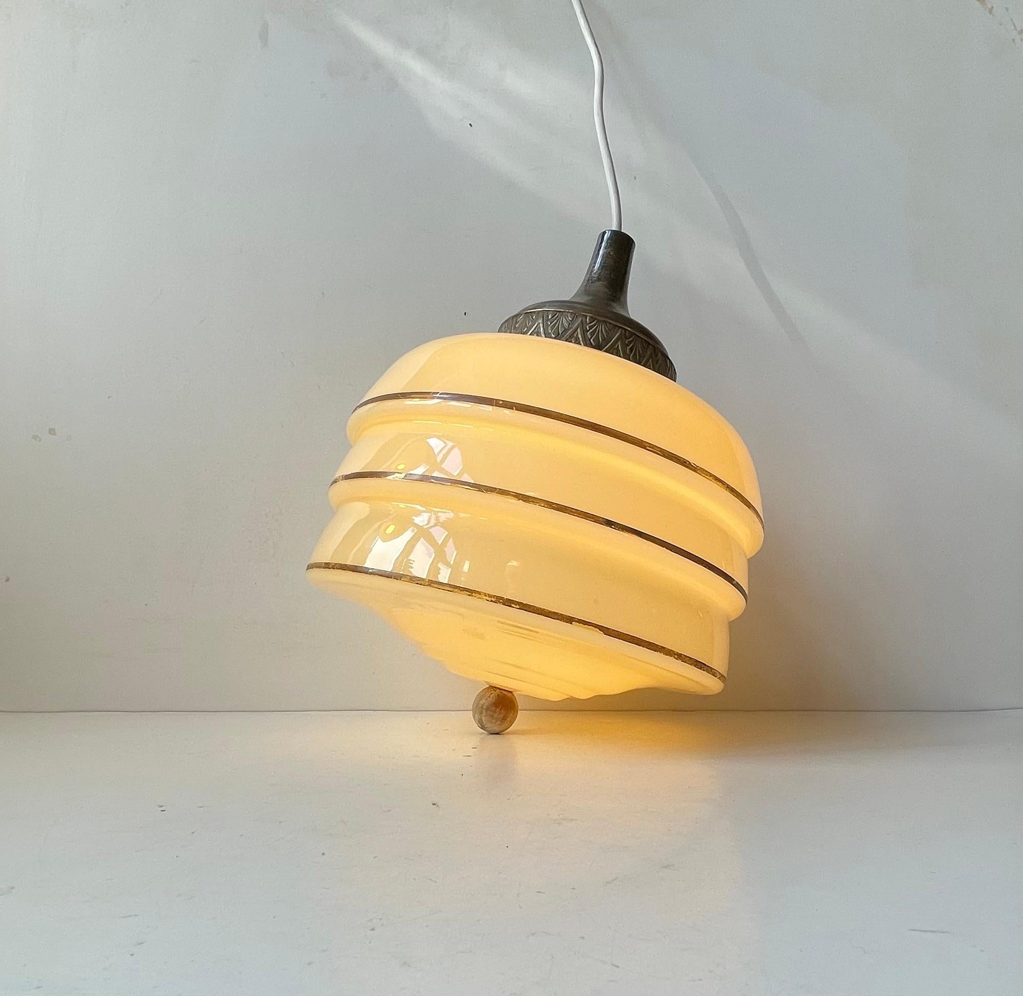 Scandinavian Art Deco 'Beehive' Pendant Lamp in Beige Opaline Glass & Brass For Sale 2