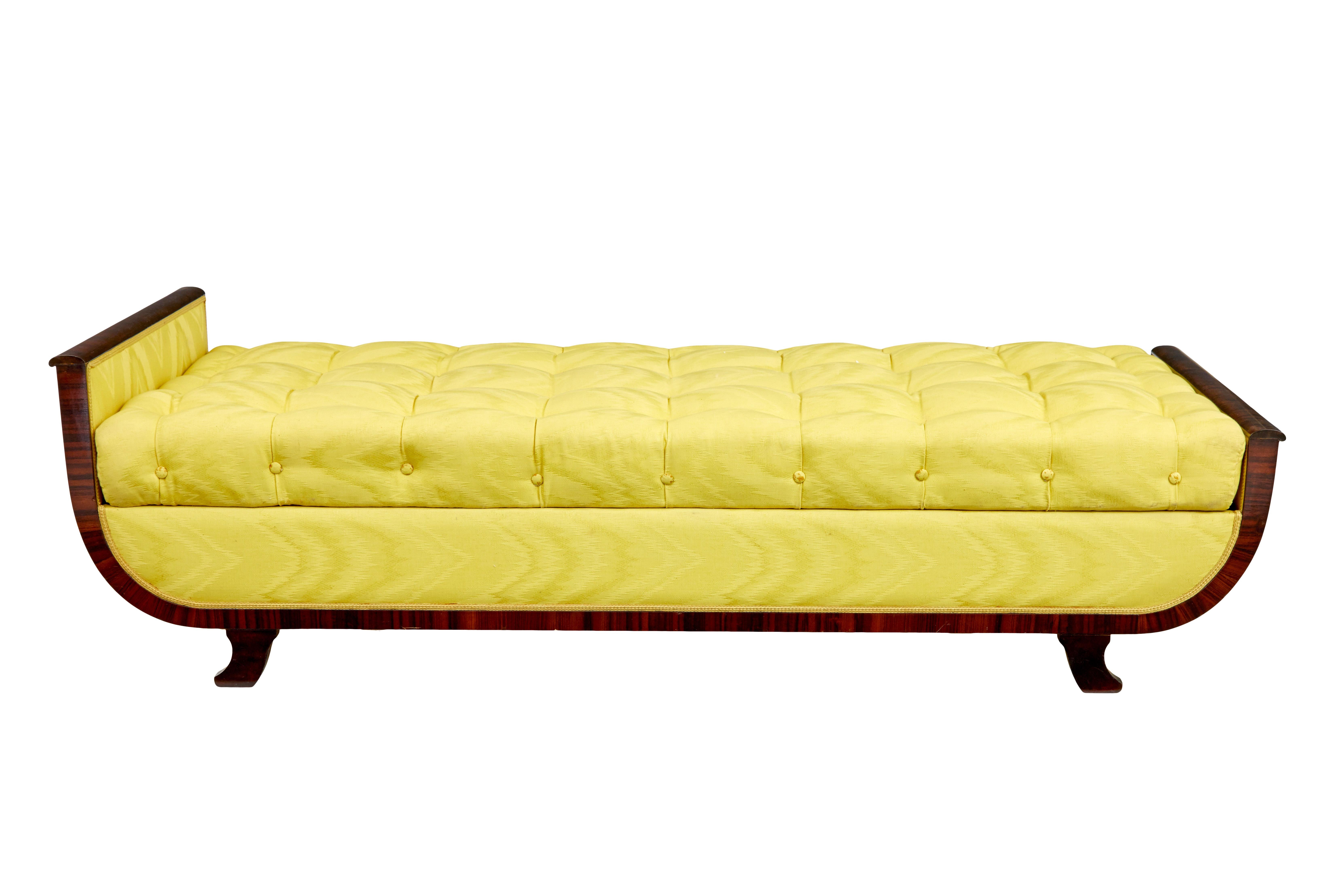Scandinavian art deco birch and kingwood daybed circa 1930.

Fine quality and elegantly designed Swedish daybed.  Birch head and foot rail, with kingwood veneered sides.  Removable button back cushion.

Veneered both sides making this piece