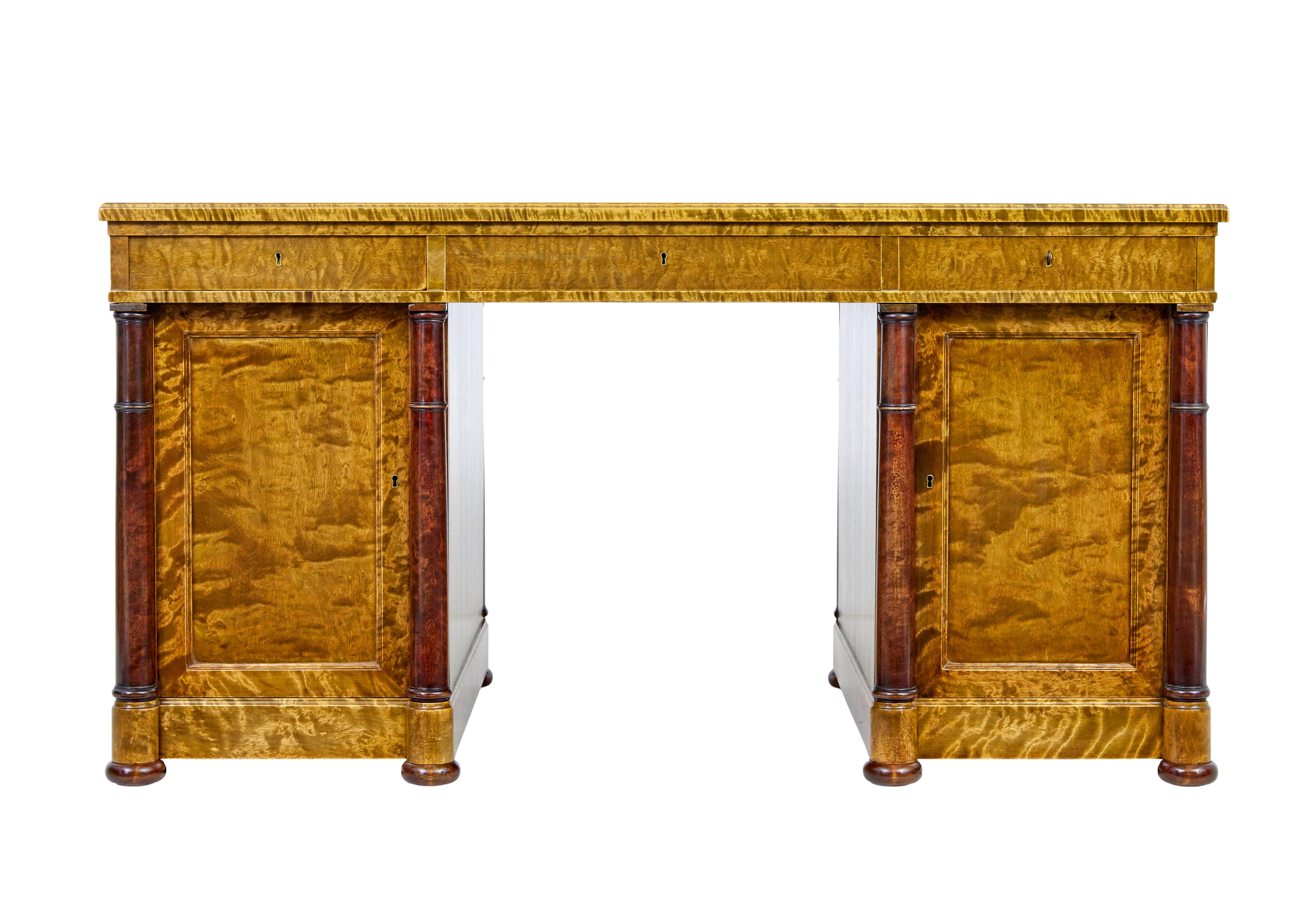 Scandinavian mid century birch pedestal desk circa 1930.

Excellent example of mid 20th century swedish design and craftsmanship.

3 part pedestal desk taking inspiration from the empire and deco periods with modern finishing.

Writing surface in