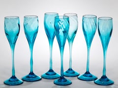 Scandinavian Art Deco Blue Hand-blown Footed Brandy Glasses, Set of 7