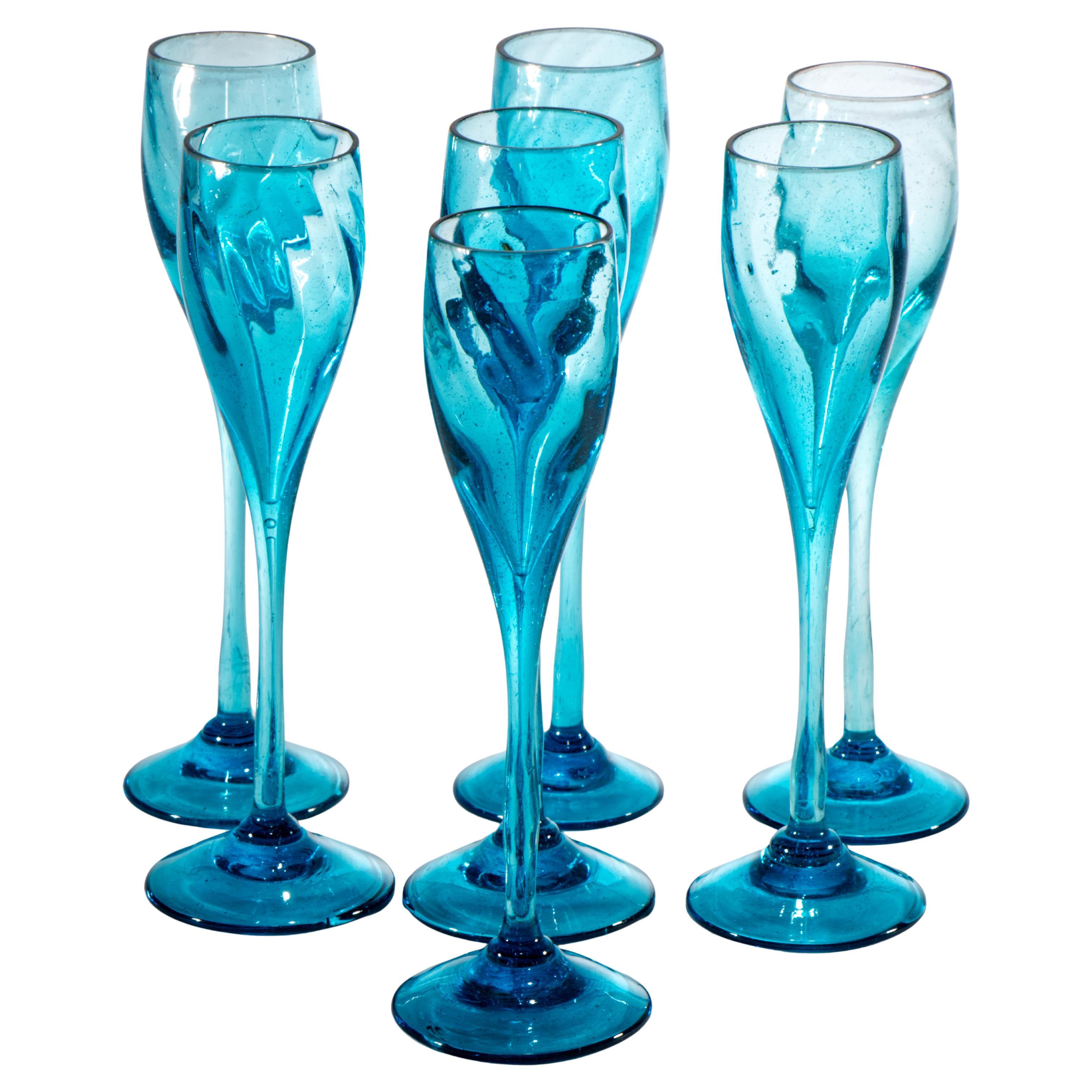 Scandinavian Art Deco Blue Hand-blown Footed Brandy Glasses, Set of 7