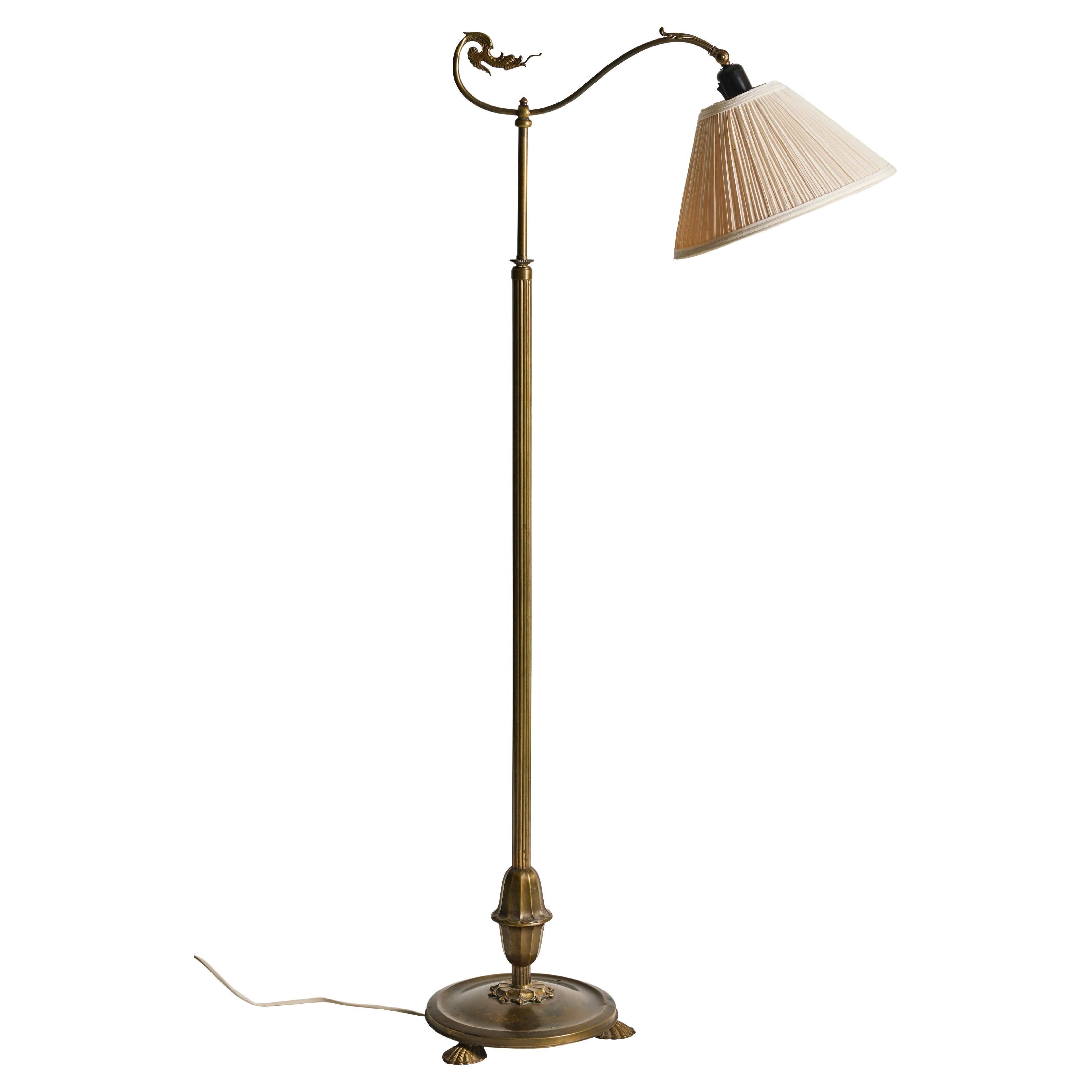 Lámpara de pie escandinava de latón con altura regulable, estilo Art Déco, década de 1930 en venta