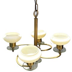 Scandinavian Art Deco Brass Four-Light Chandelier w/ Opaline Glass Shades