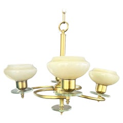 Scandinavian Art Deco Brass Four-Light Chandelier w/ Opaline Glass Shades