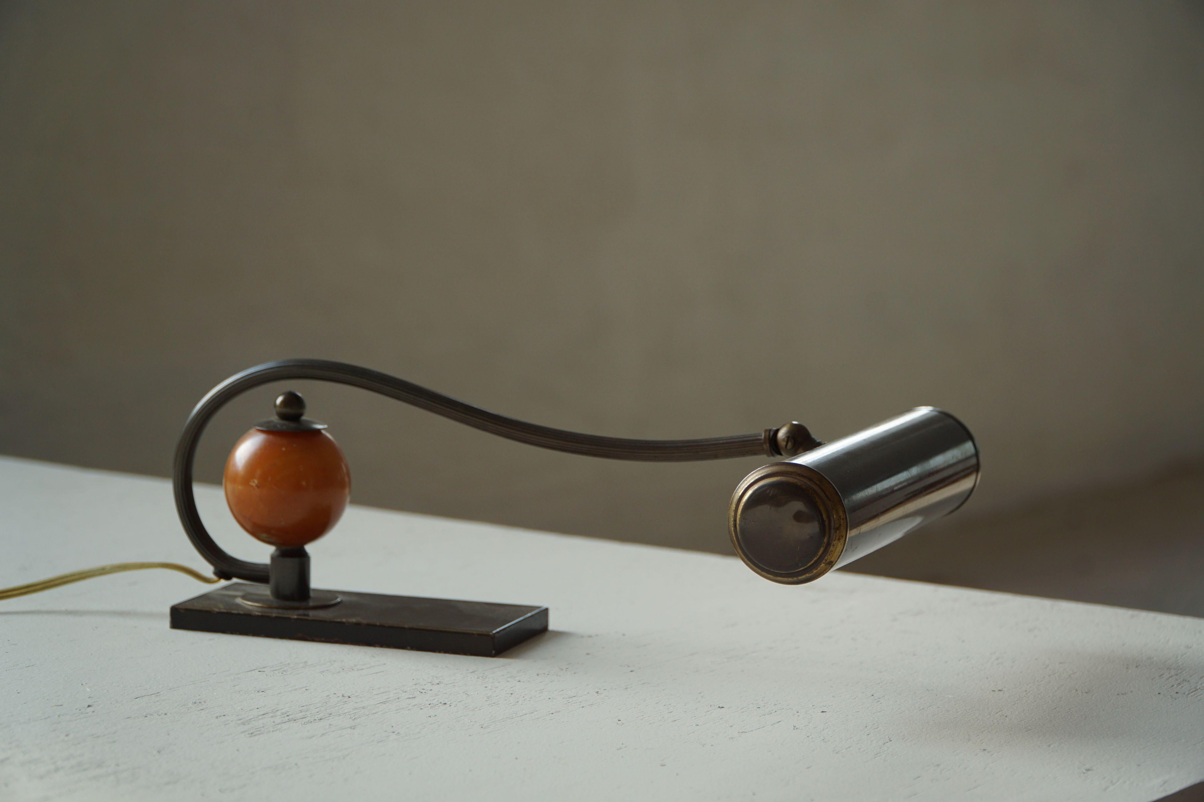 Scandinavian Art Deco Brass Piano Lamp with Wooden Orb, 1930s For Sale 7