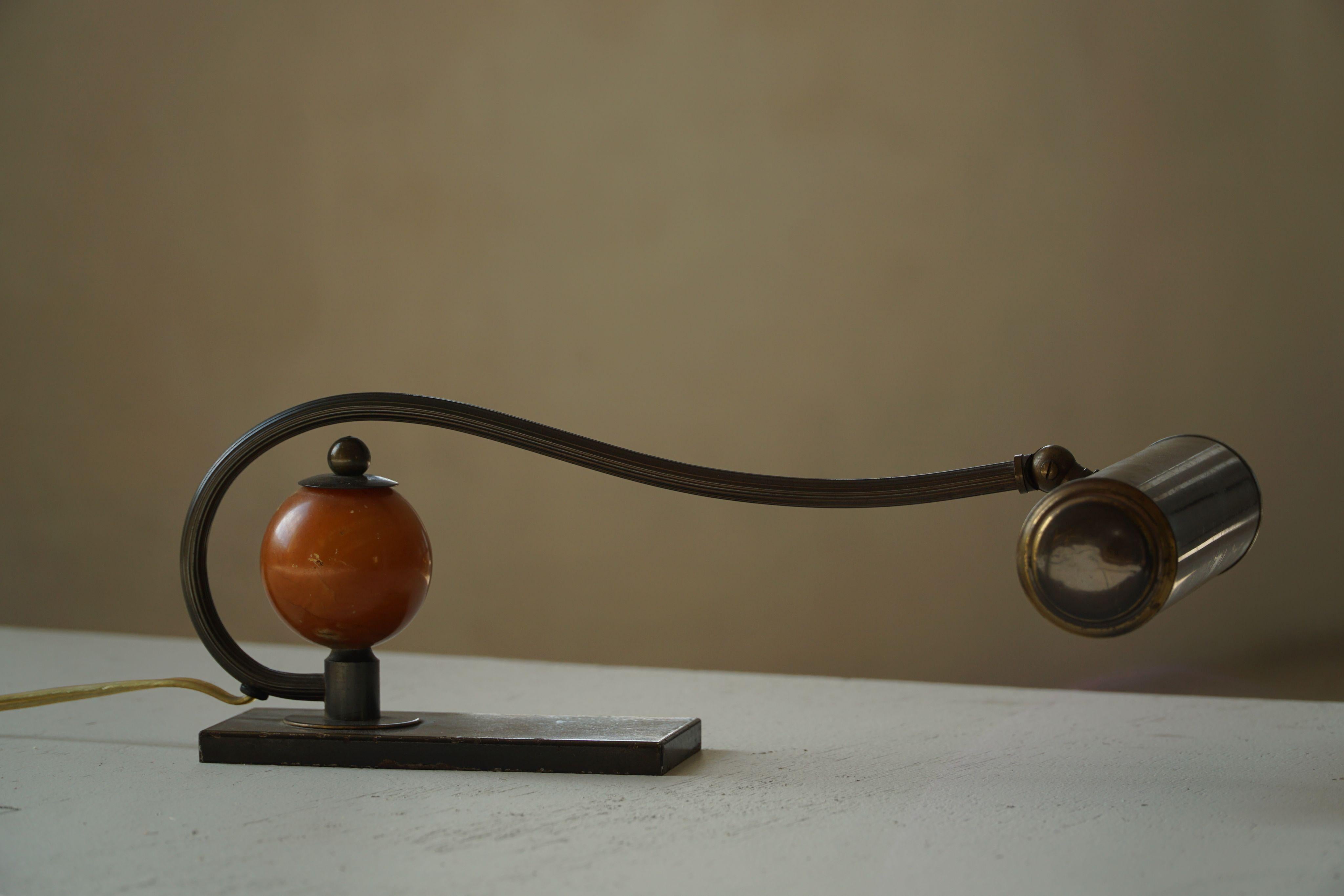Scandinavian Art Deco Brass Piano Lamp with Wooden Orb, 1930s For Sale 8